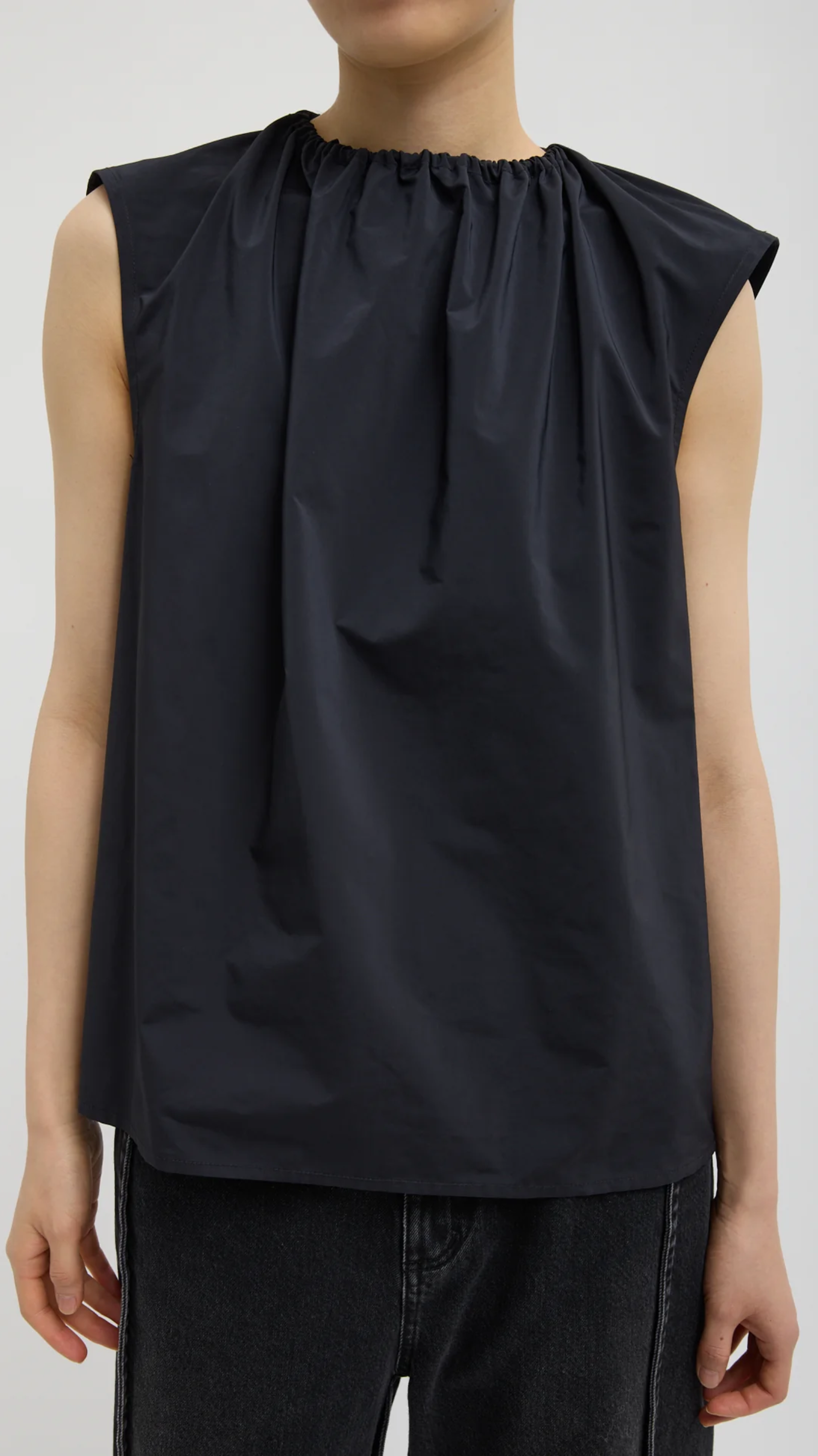 Tibi Nylon Shirred Neck Top in Navy