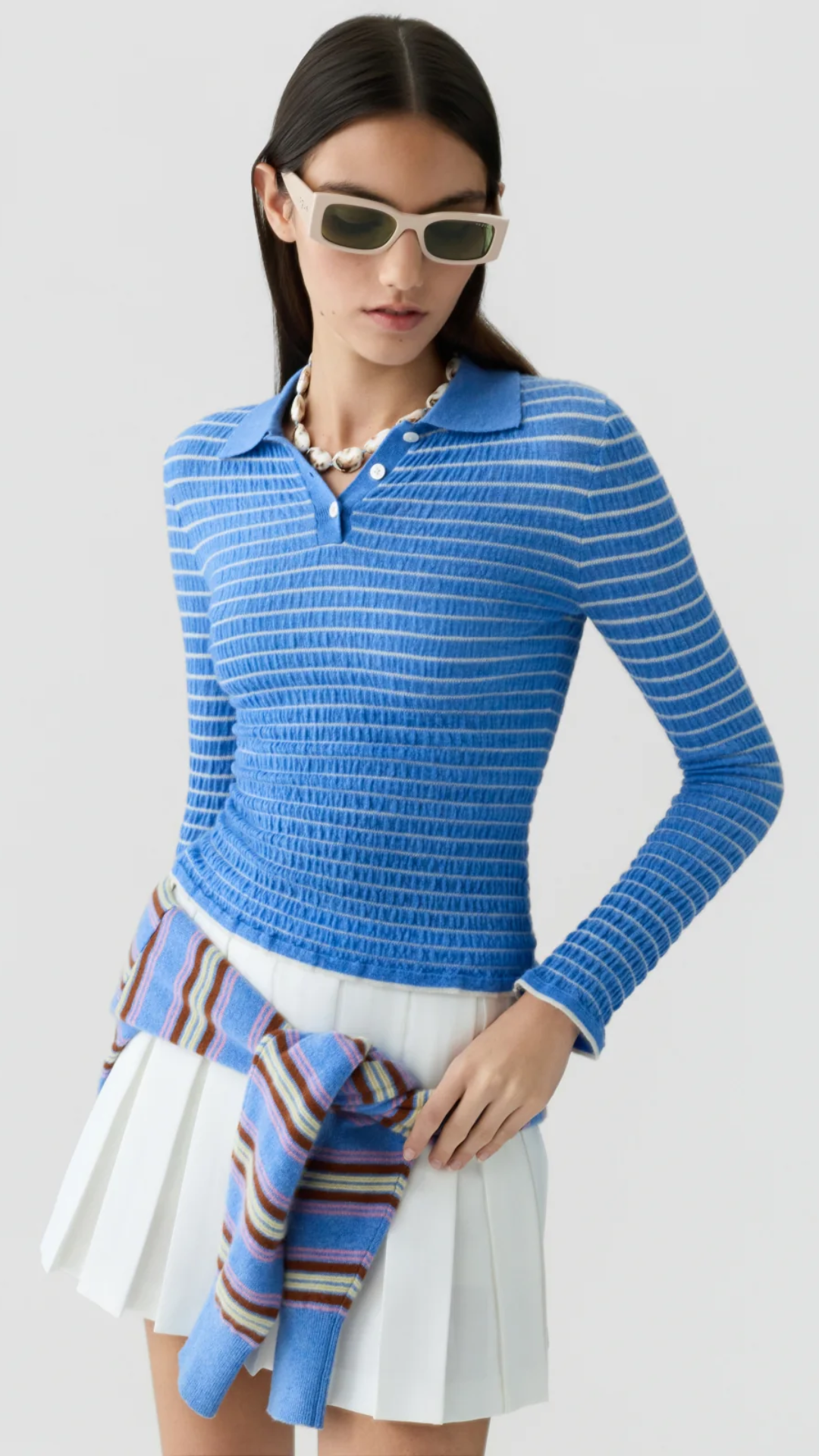 Guest In Residence Smocked Shrunken Polo in Delft Blue/Cream