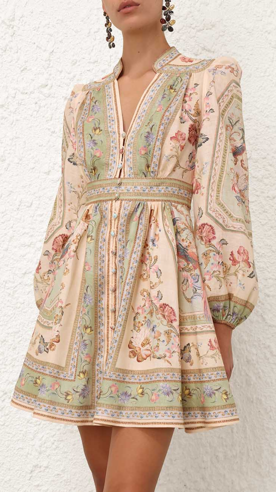 Zimmerman Roselight Plunge Mini Dress in Sage Tapestry Floral