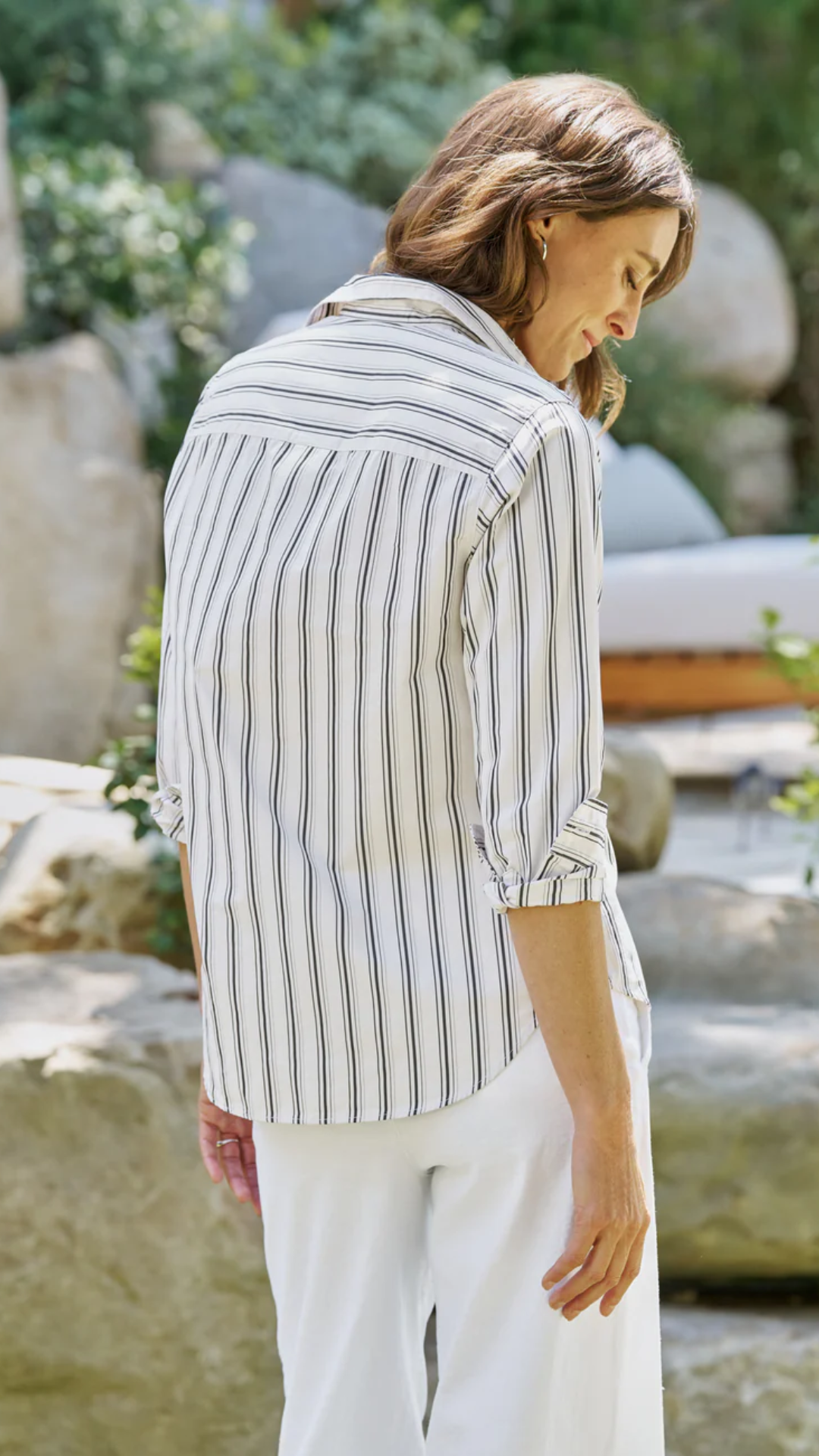 Frank & Eileen Waverly NYC Button Up Shirt in Tan with Black Multi Stripe