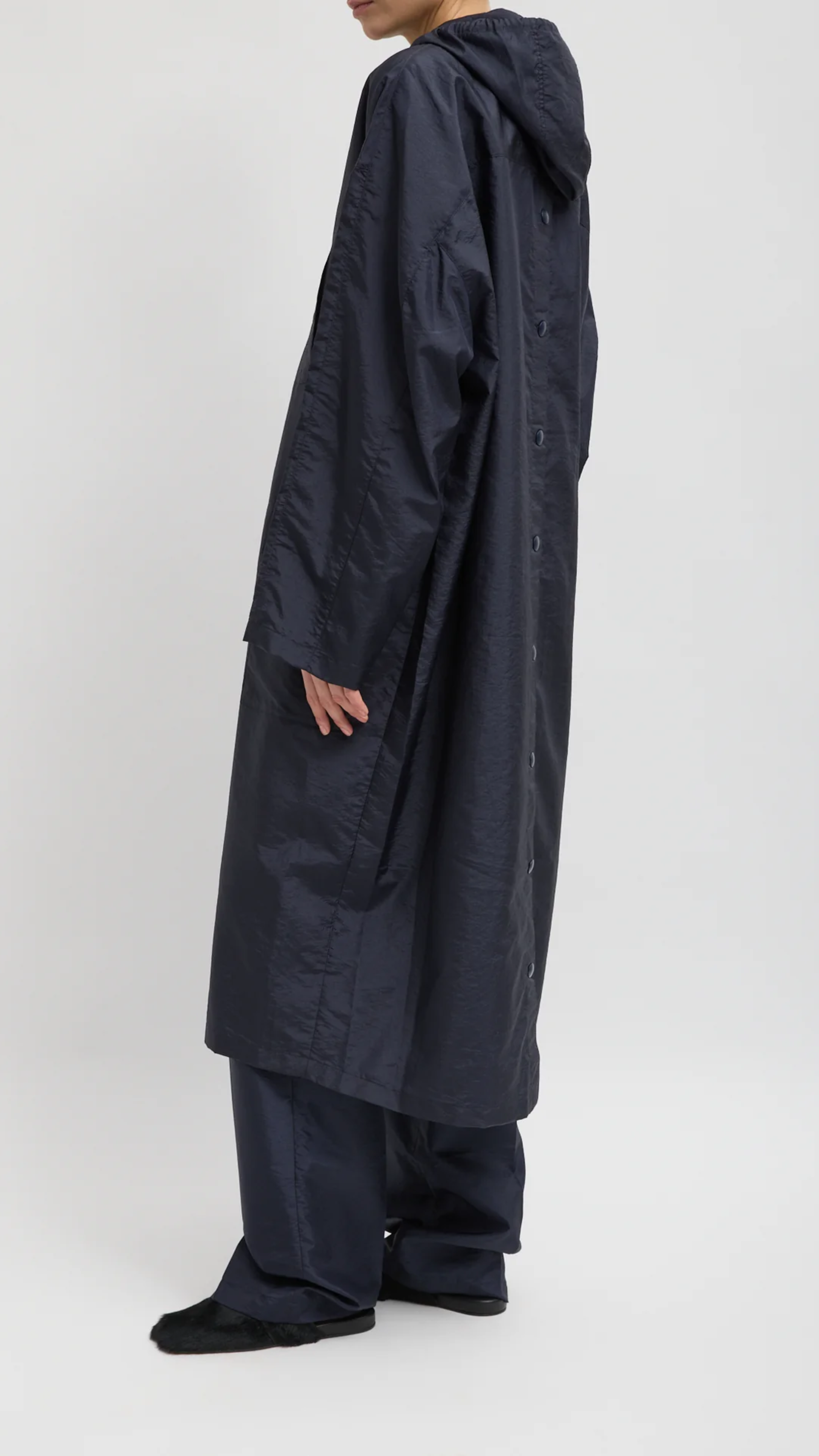 Tibi Crispy Nylon Hooded Coat in Navy