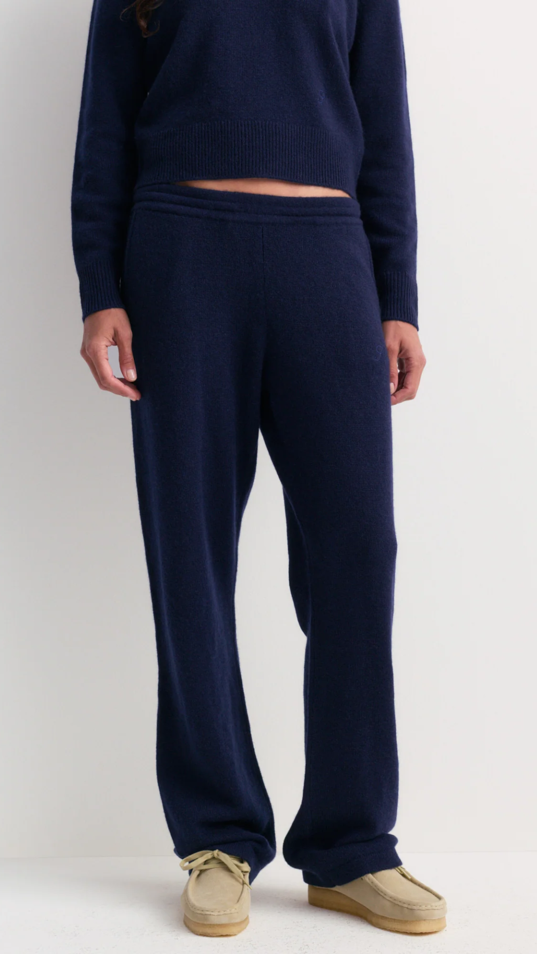 Sporty & Rich Ivana S Logo Cashmere Trousers in Dark Navy