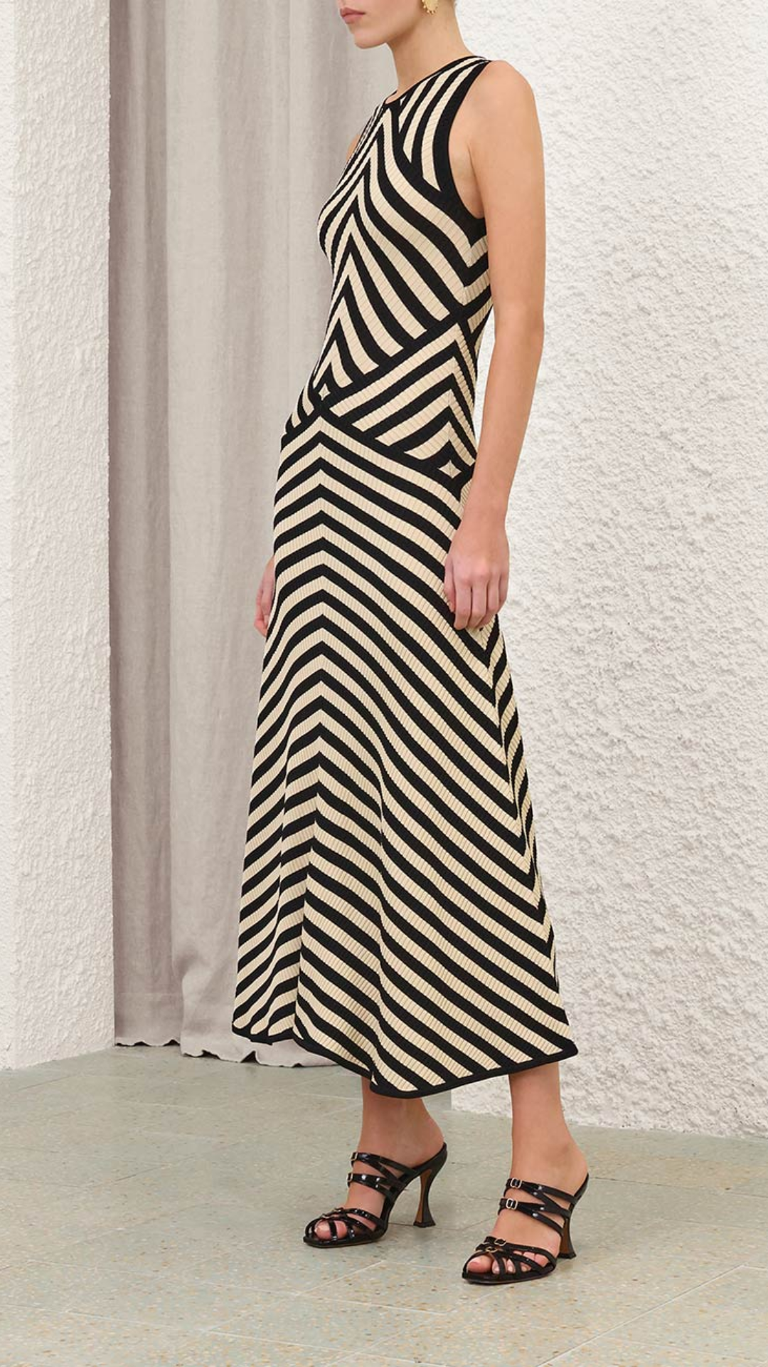 Zimmermann Valiant Deco Stripe Midi Dress in Black Cream