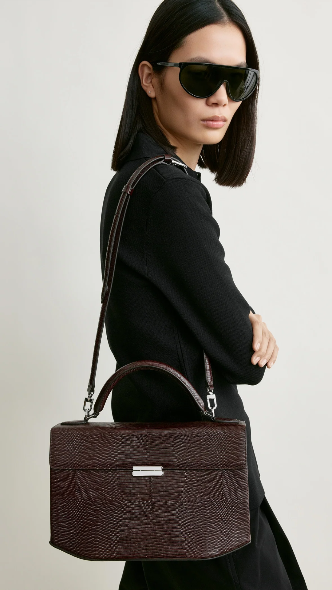 Toteme Clip Lizard Embossed Top Handle Bag in Brown
