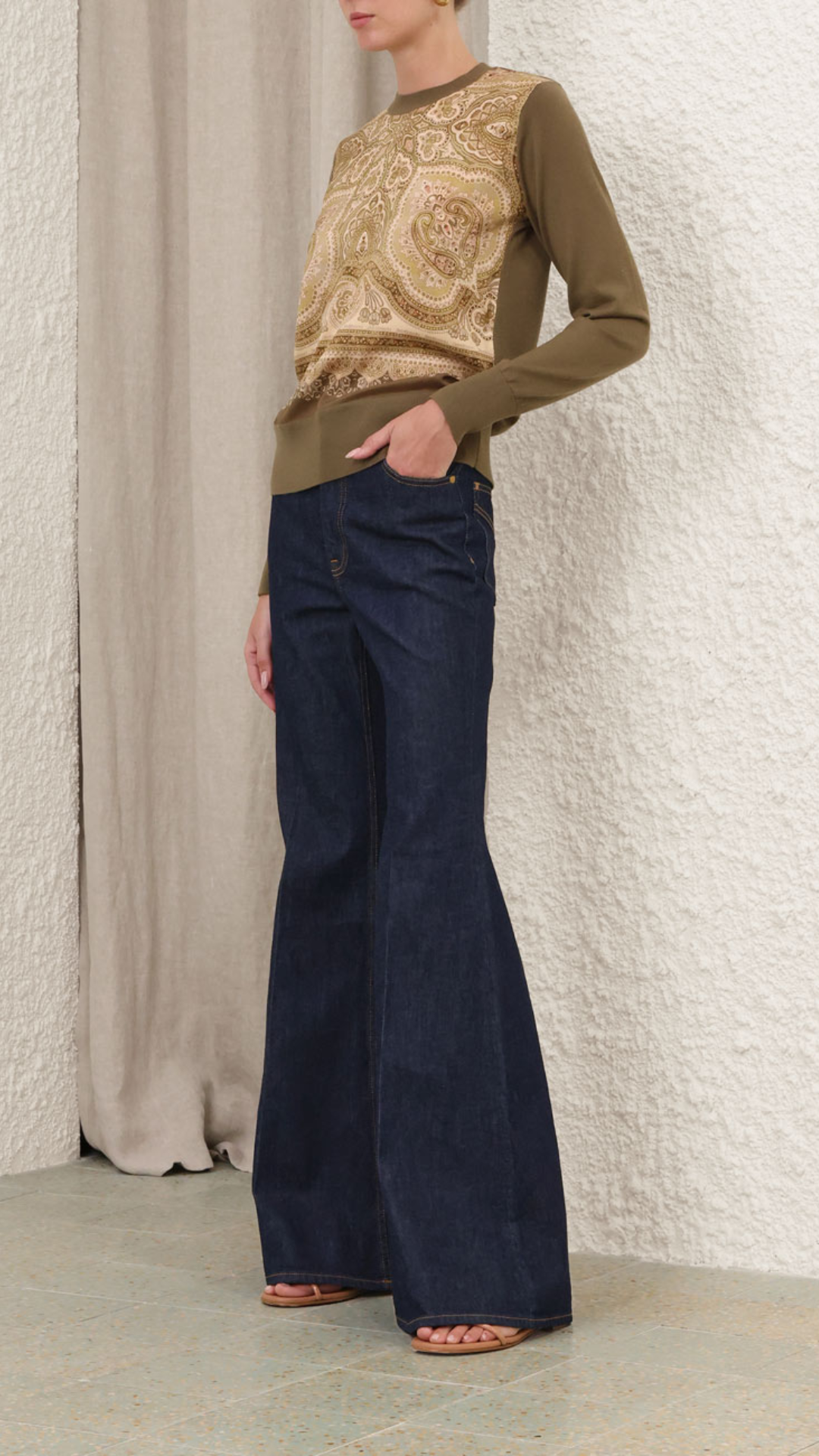 Zimmermann Luna Printed Silk Sweater in Olive