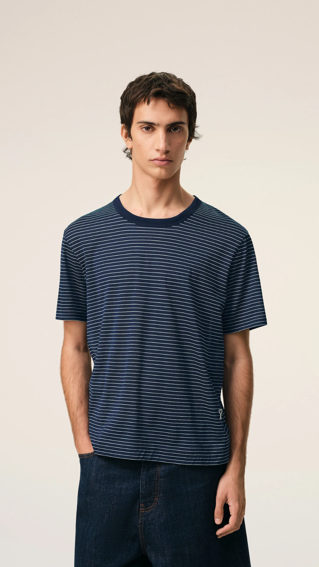 AMI Cotton Ami De Coeur T-Shirt in Navy/White Stripe