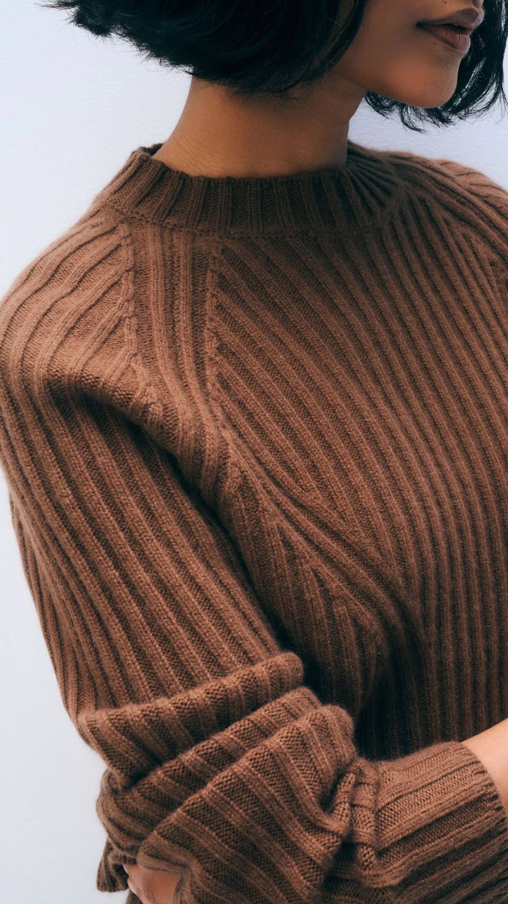 White + Warren Cashmere Blend Cropped Ribbed Crewneck in Umber