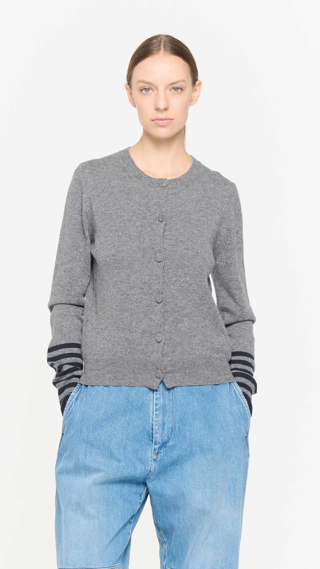 Plan C LS Cardigan in Grey Stripes