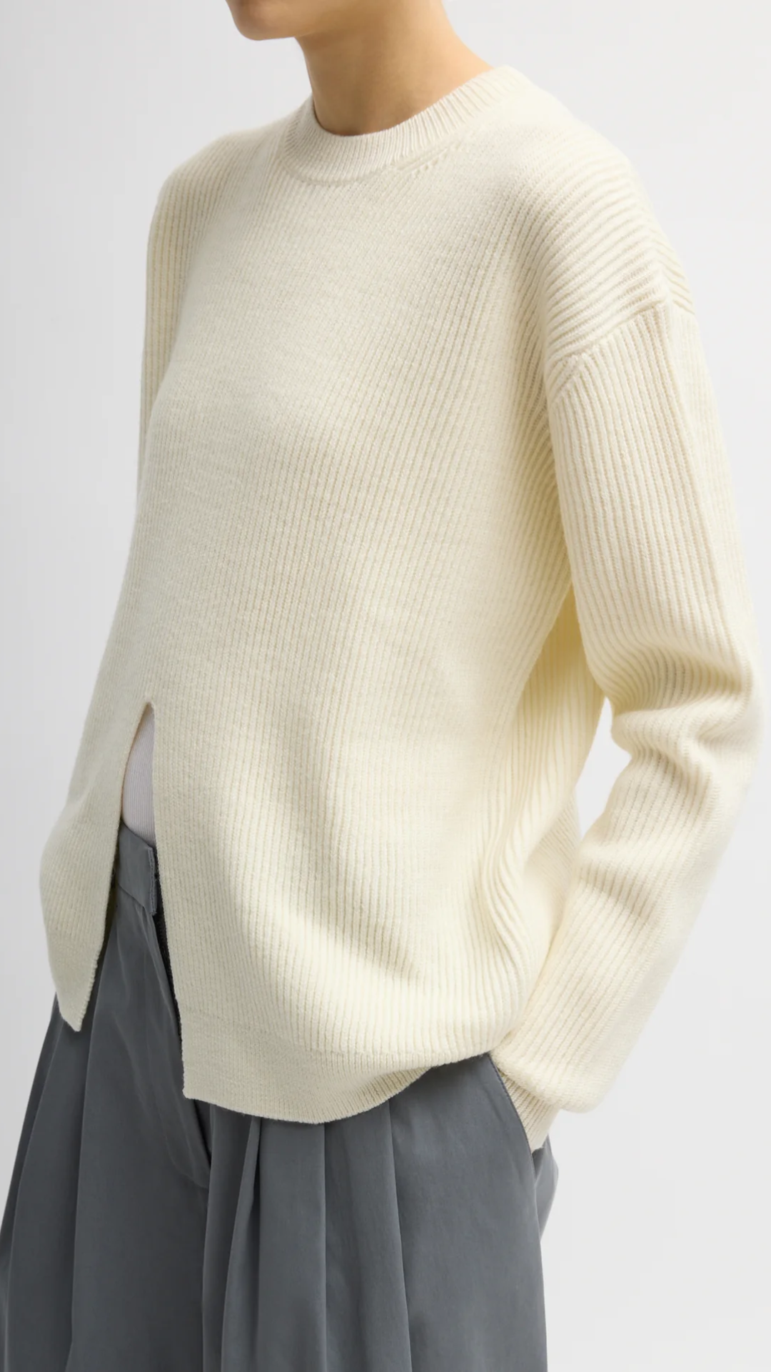 Tibi Cardigan Stitch Split Front Crewneck in Ivory