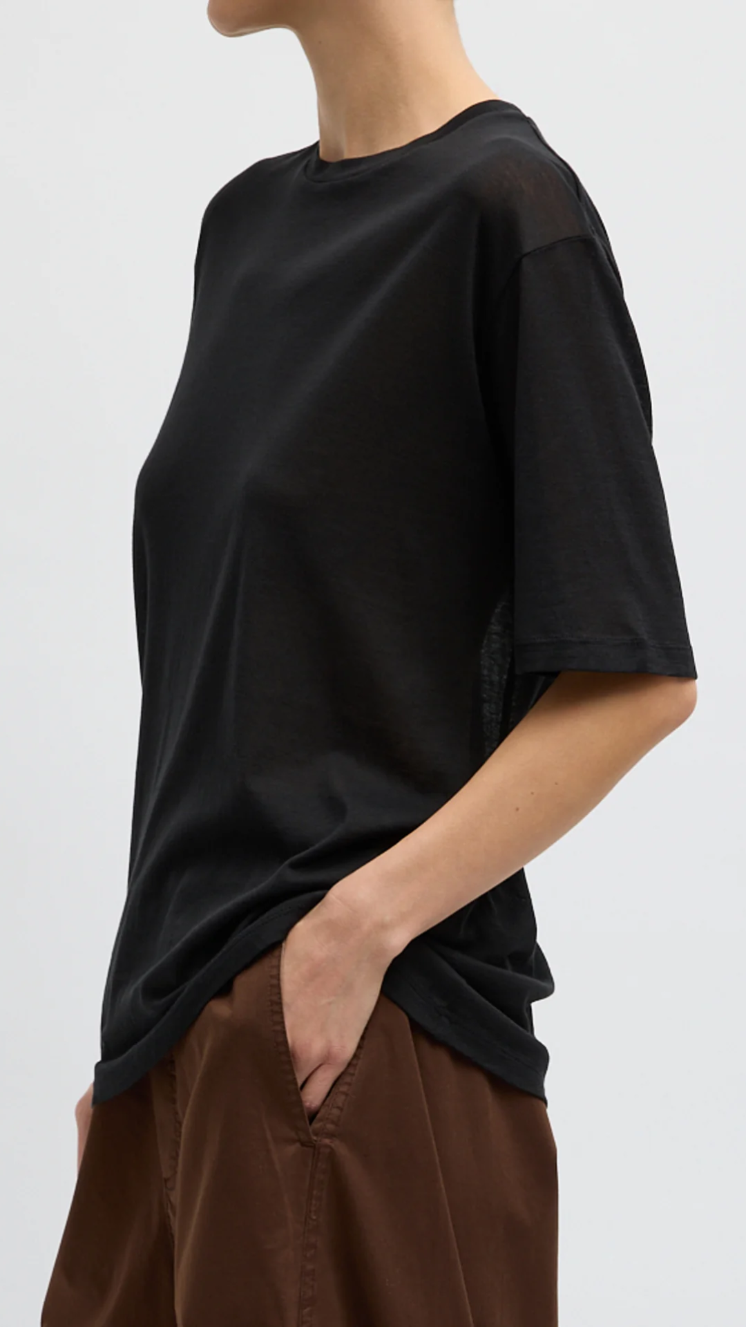 Tibi Sheer Crepe Knit Mock Unisex Tee in Black