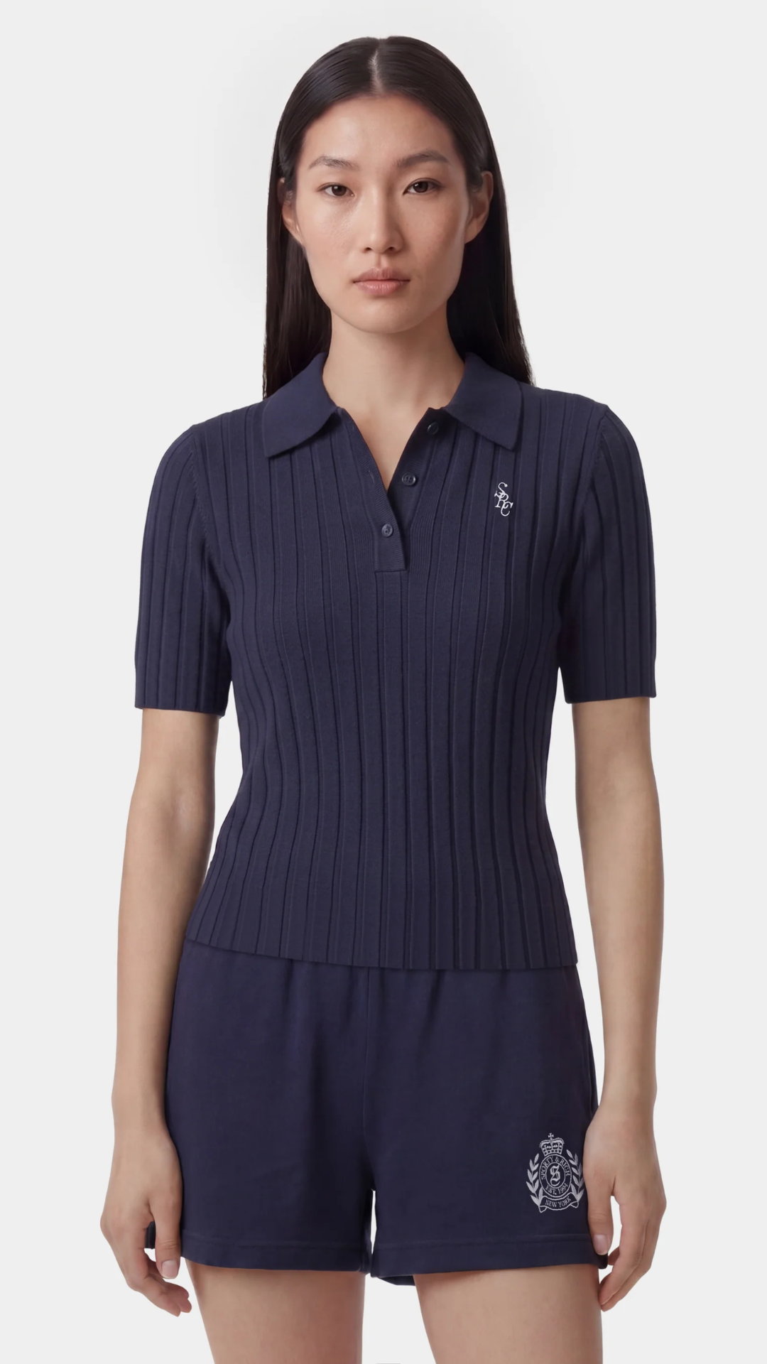 Sporty & Rich SRC Ribbed Polo in Dark Navy/White