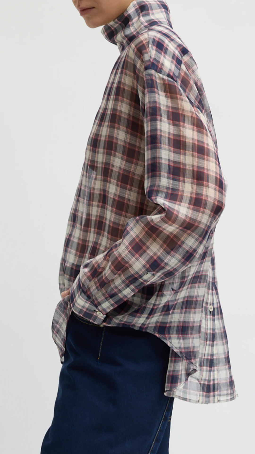 Tibi Silk Cotton Plaid Funnel Neck Top in Black/Red Multi