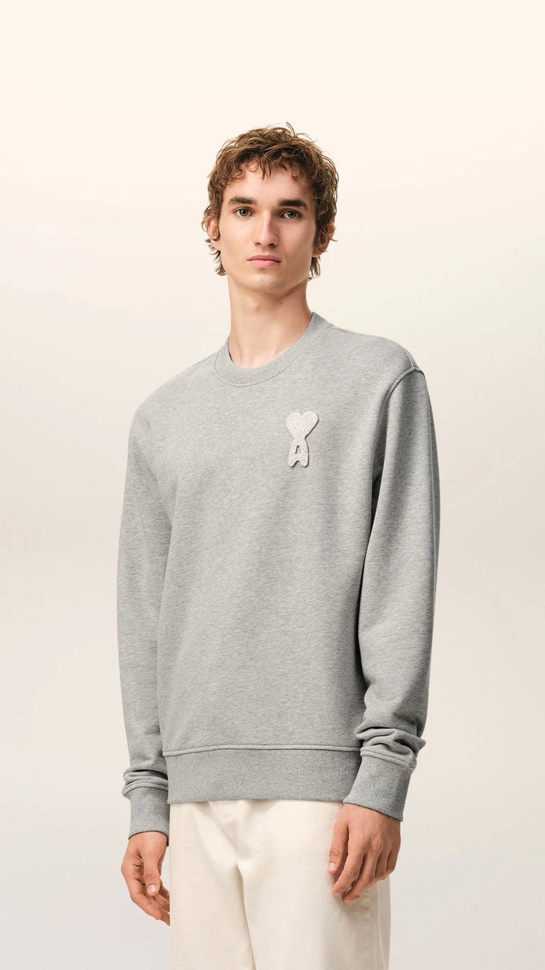Ami Cotton Crew Ami De Coeur Patch Sweatshirt in Grey/White