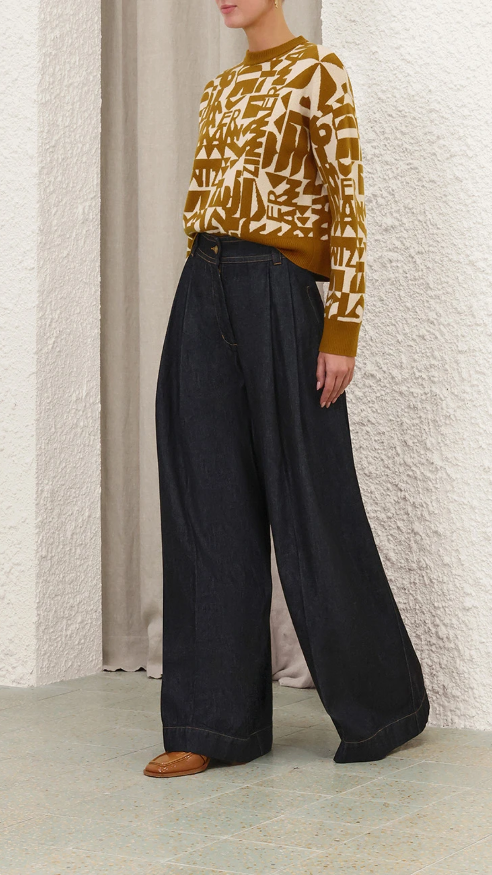 Zimmermann Valiant Jacquard Crop Sweater in Chartreuse Cream