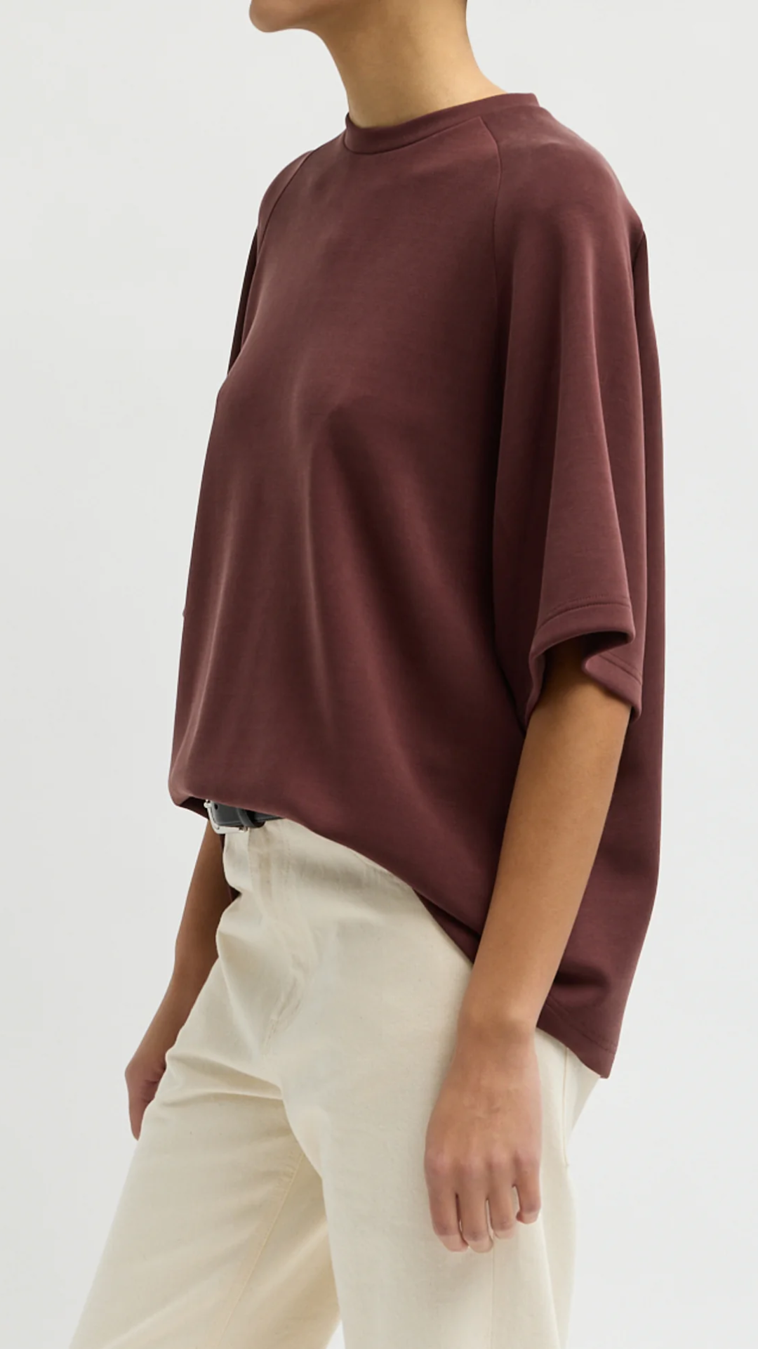Tibi Feather Weight Viscose Neoprene Baseball T-Shirt in Bordeaux