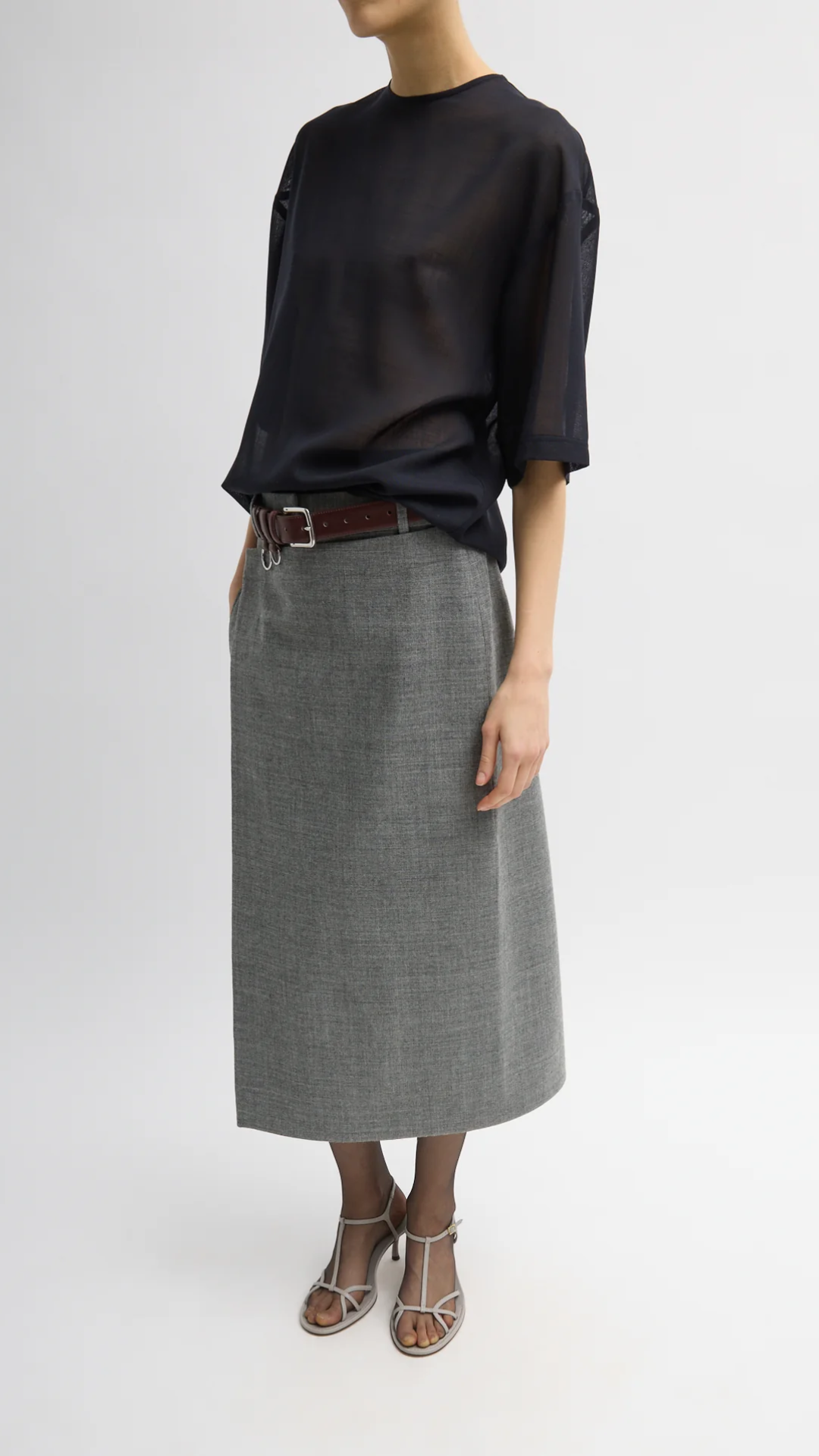Tibi Techy Bonded Wool Wrap Midi Skirt in Grey