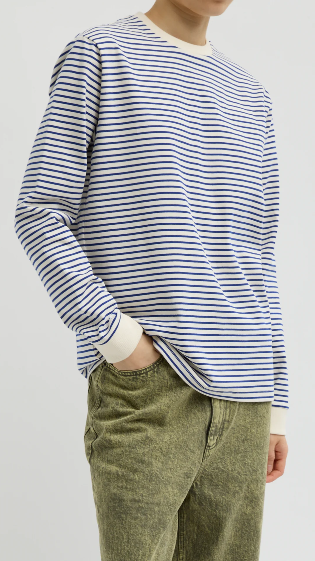 Tibi Striped Perfect Long Sleeve T Crew Blue/White Multi