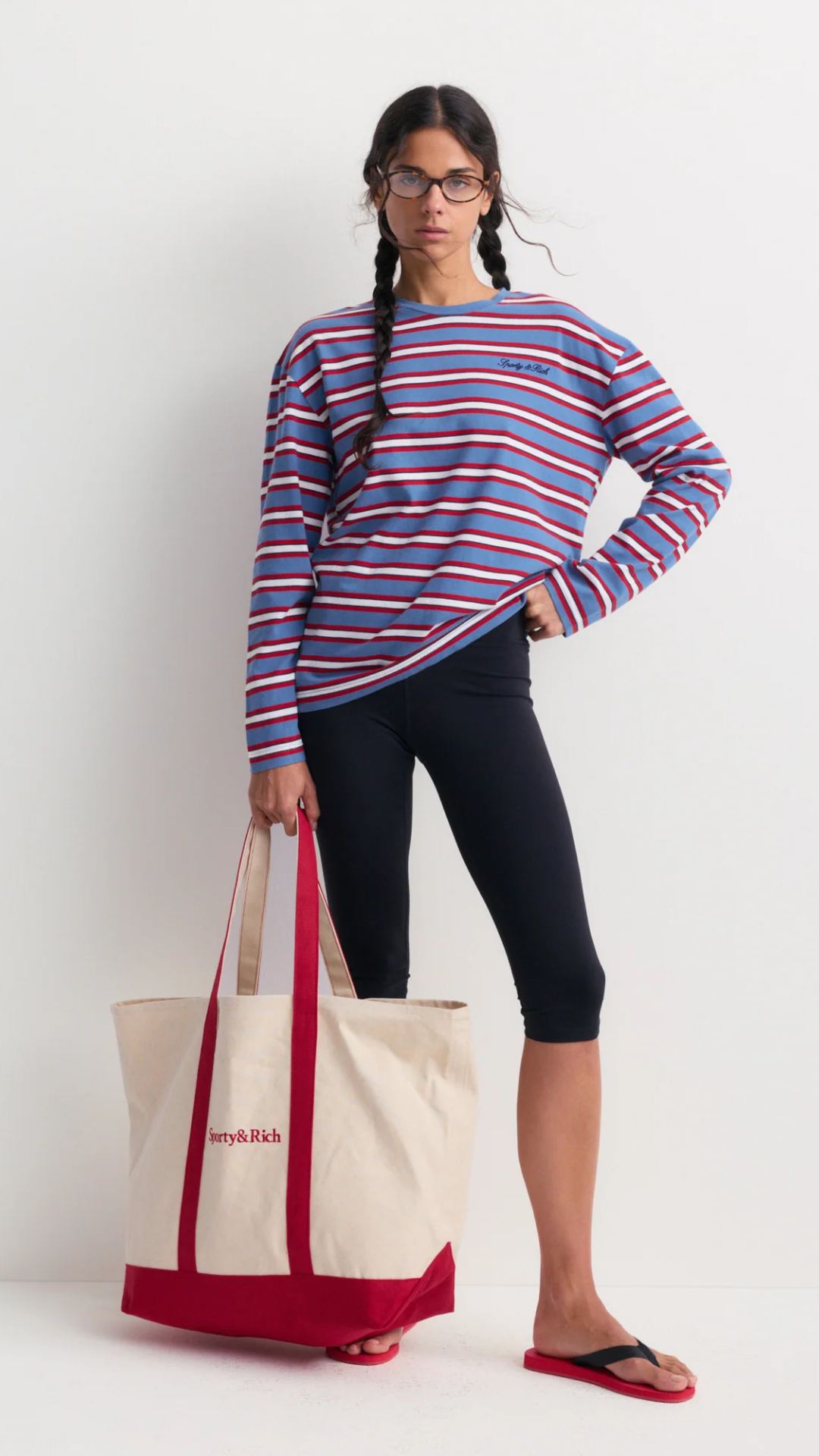 Sporty & Rich Fale Signature Logo Easy Long Sleeve in Blue & Red Striped