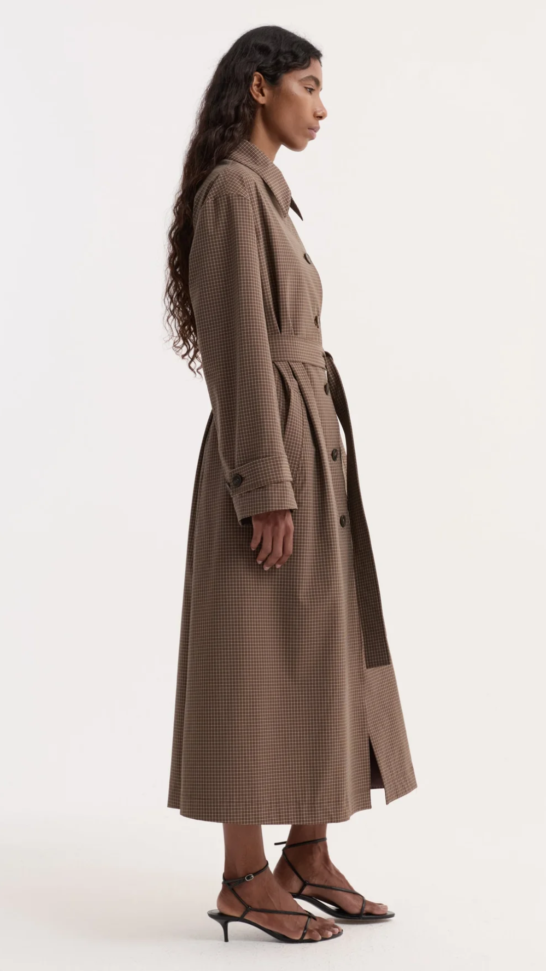 Róhe Technical Check Belted Coat in Brown Check