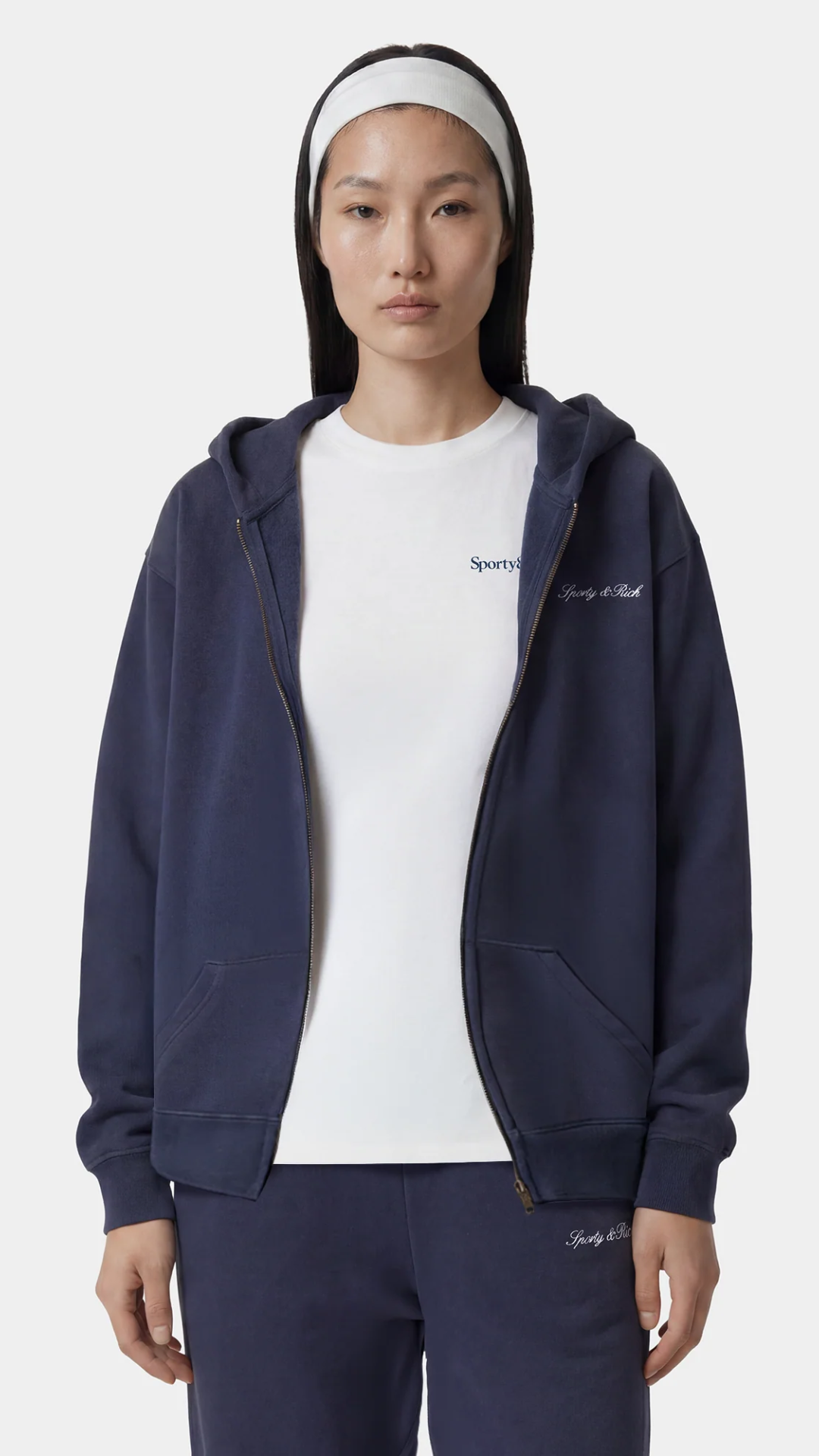 Sporty & Rich Signature Logo Embroidered Zip Hoodie in Light Navy/White