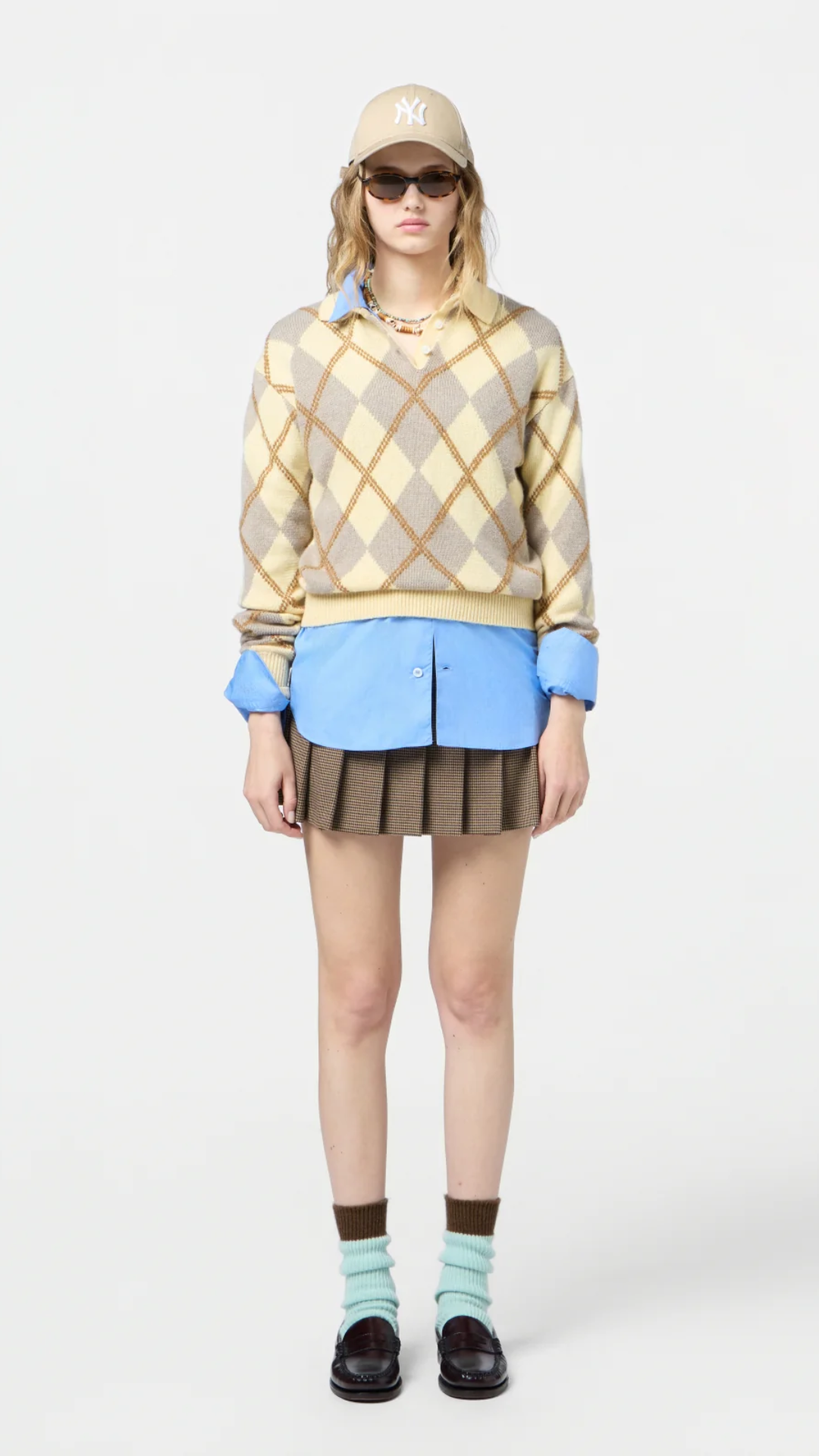 Guest in Residence Collegiate Argyle Polo Sweater in Butter Combo
