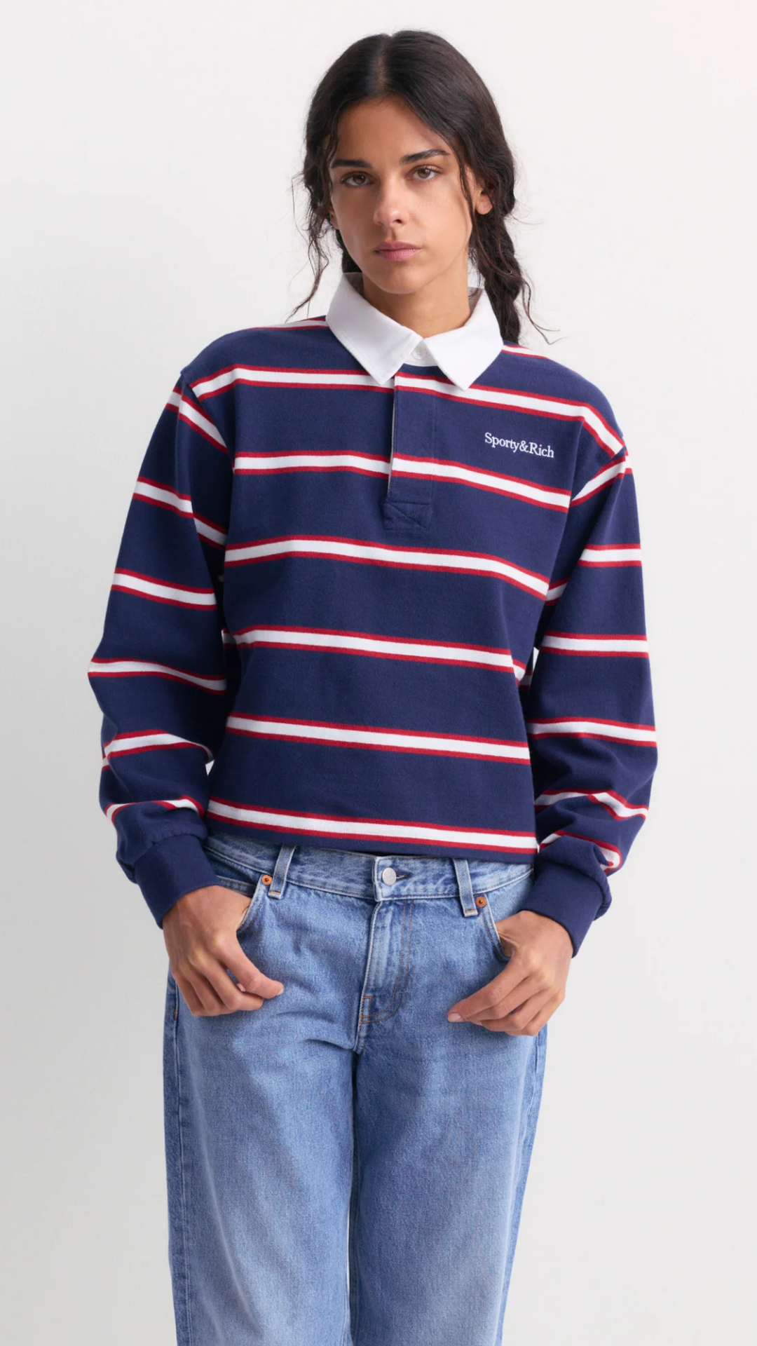 Sporty & Rich Blondie Serif Logo Rugby Polo in Dark Navy/Ruby/Gray/White