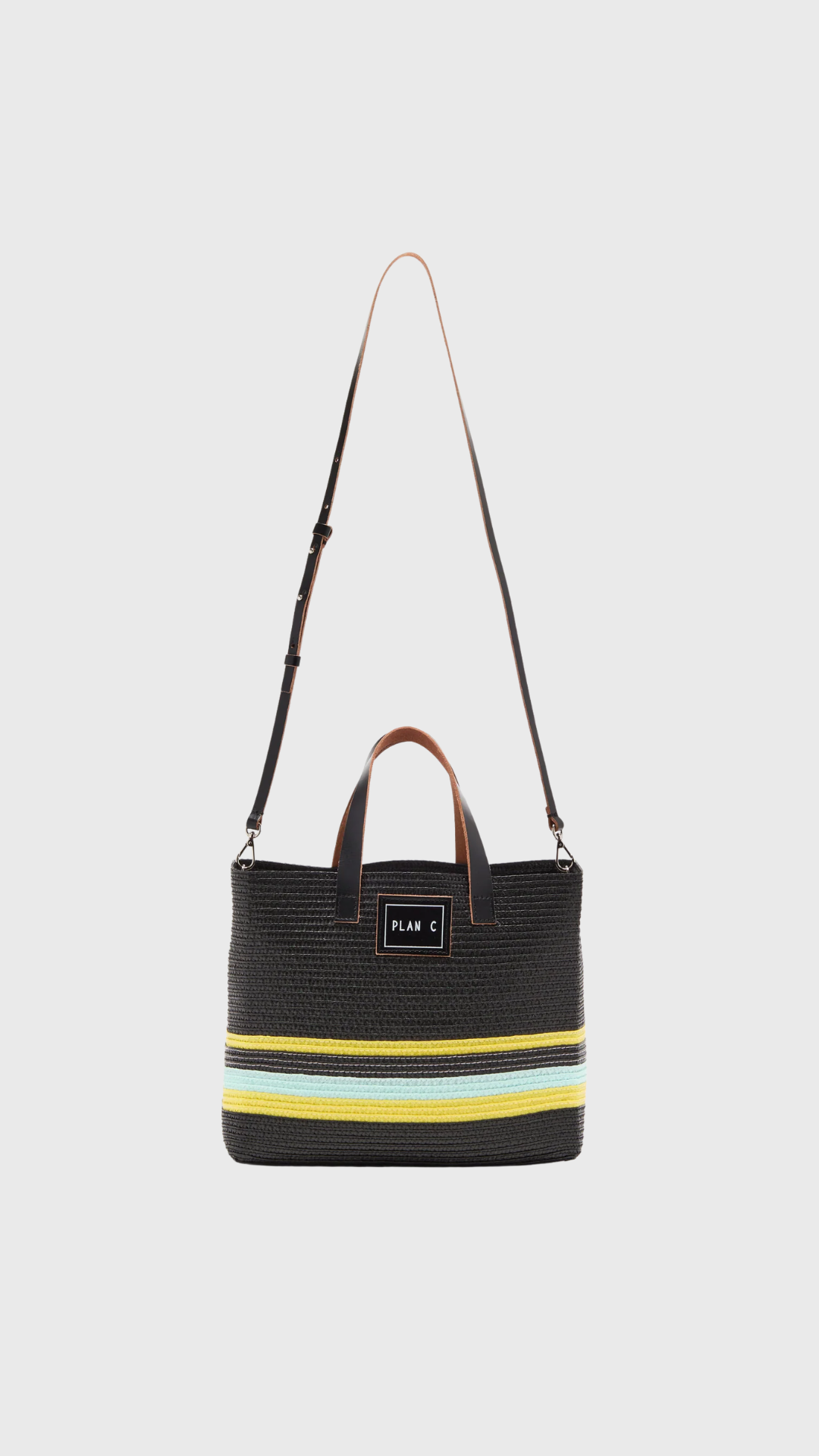 Plan C Small Synthetic Straw Shopper in Black