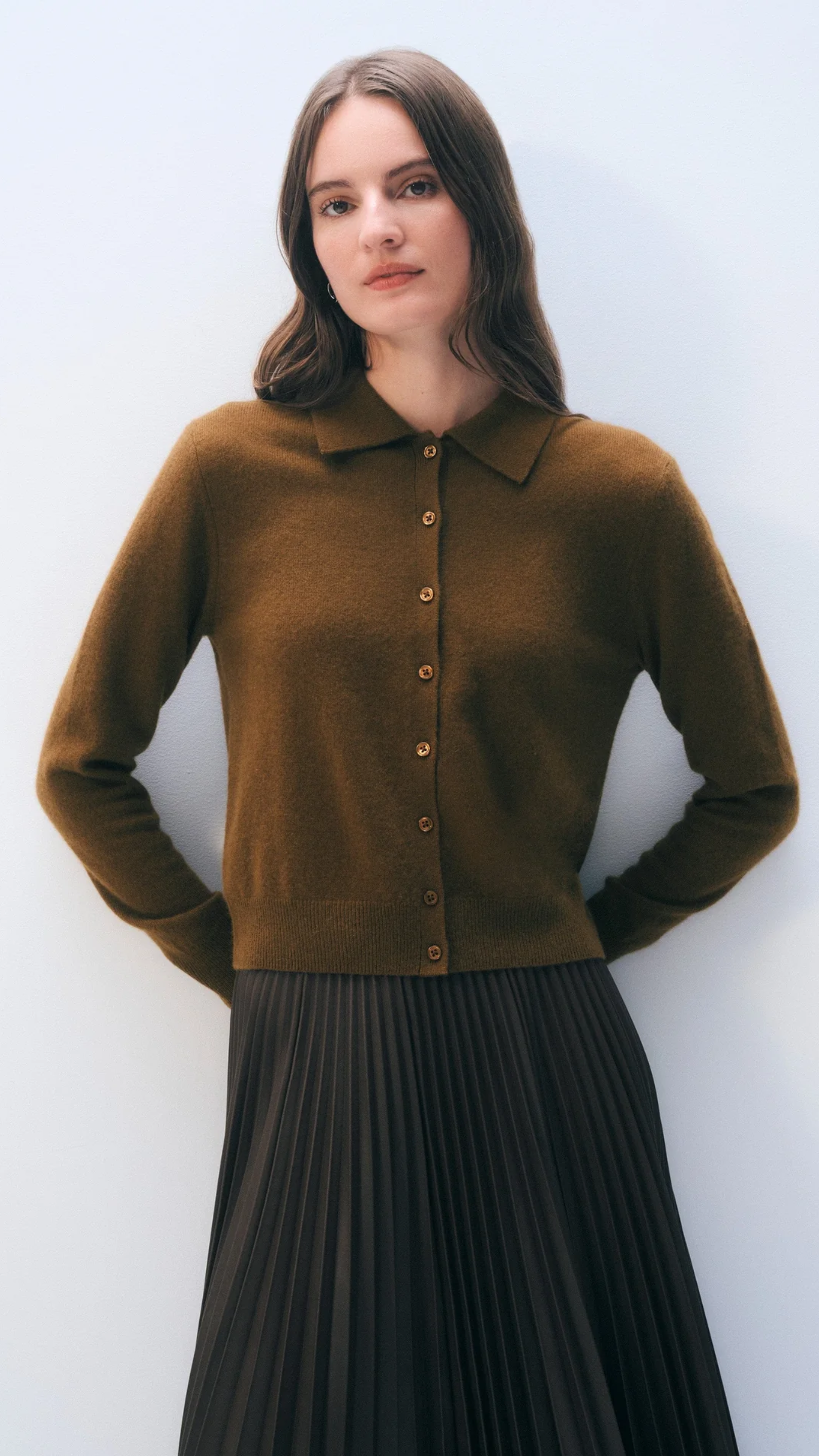 White + Warren Cashmere Collared Cardigan in Golden Brown