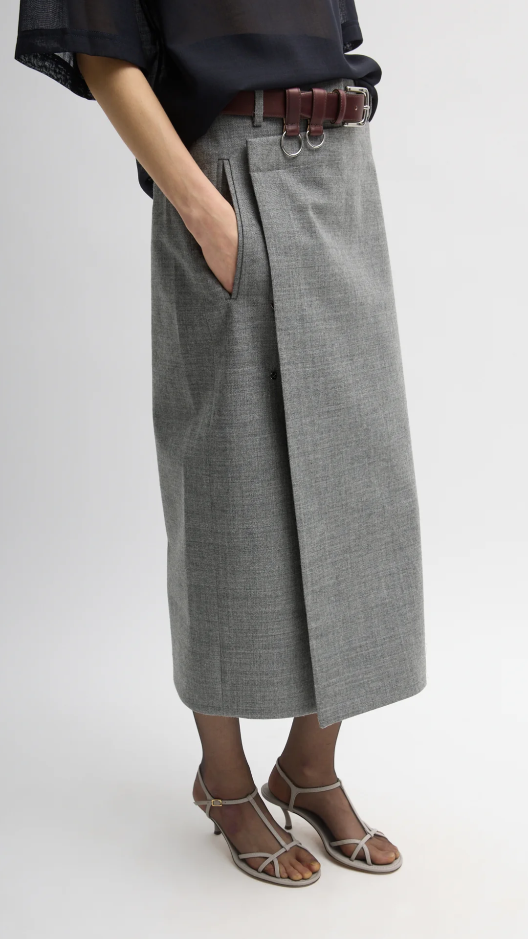 Tibi Techy Bonded Wool Wrap Midi Skirt in Grey