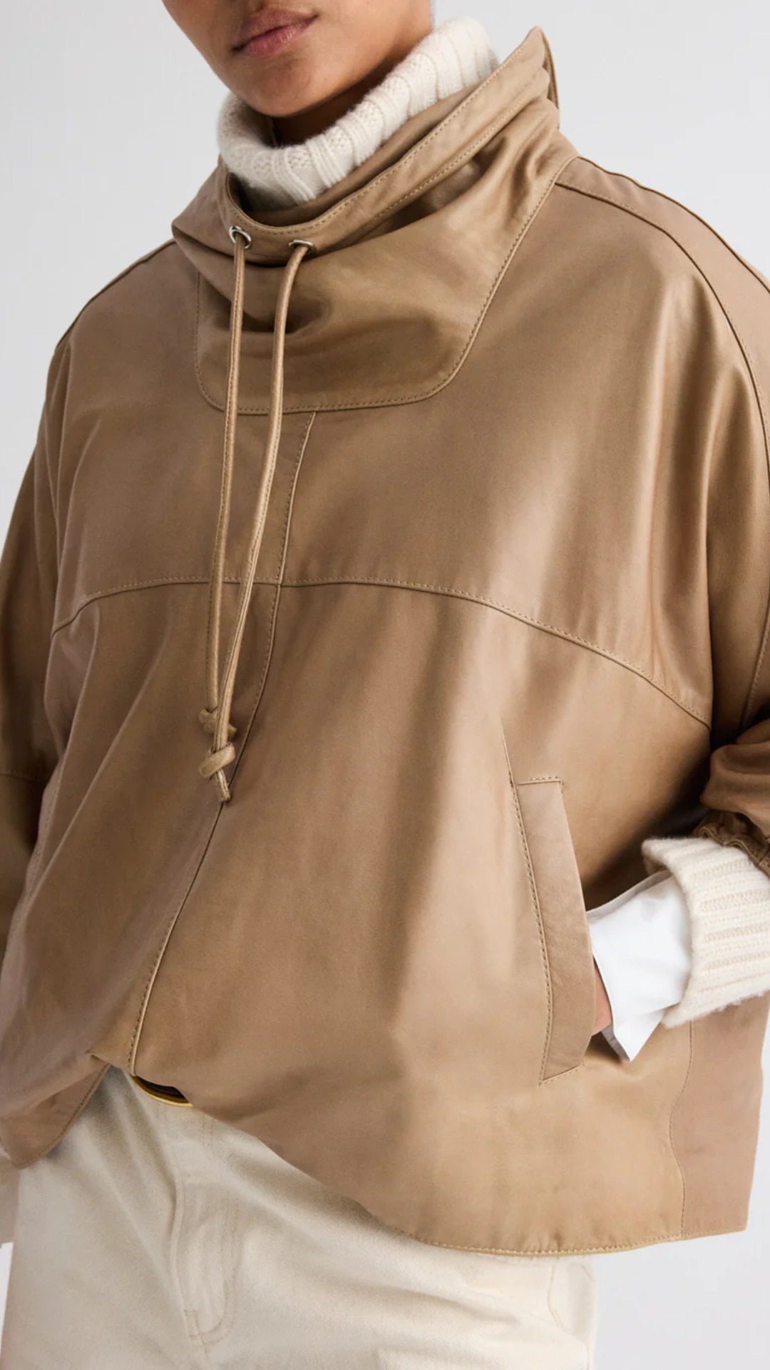 TWP Pull Me Over Leather Anorak in Olive Grey