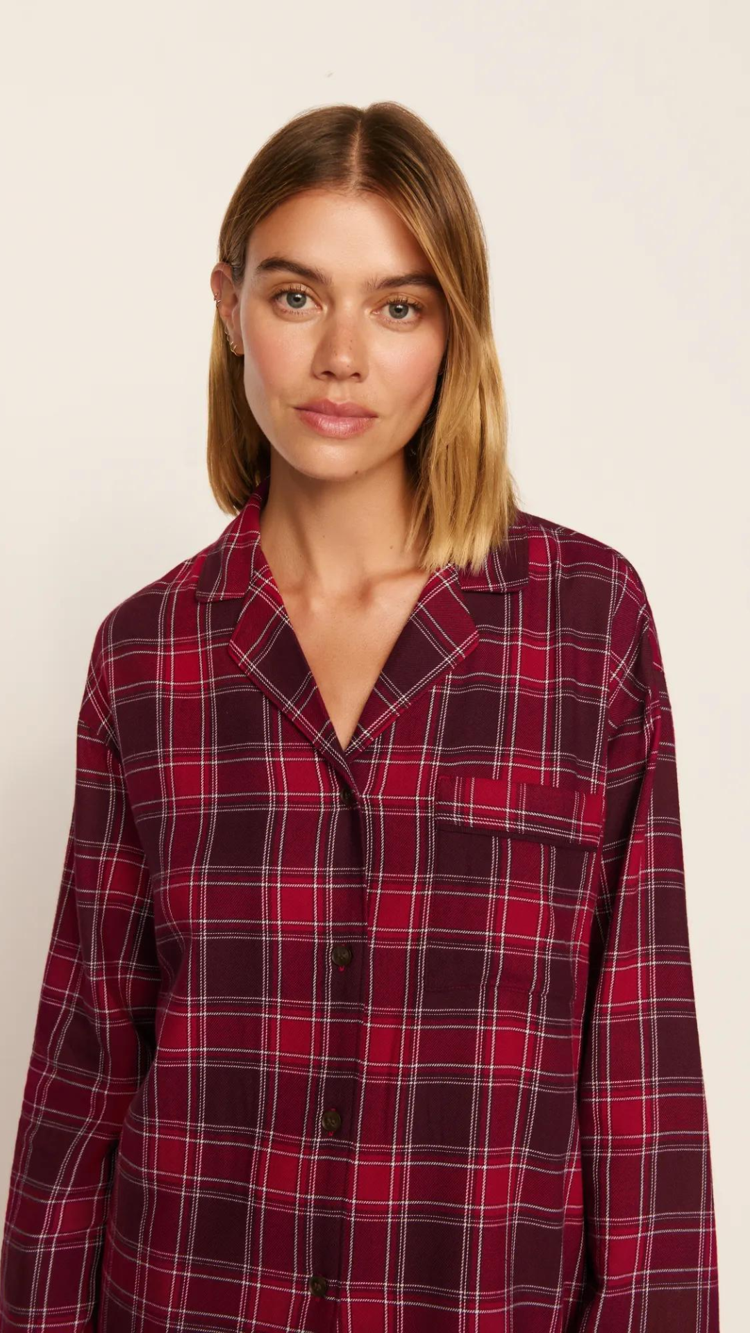 Eberjey Flannel Long Pj in Oxford Check Holly Red/Wildberry