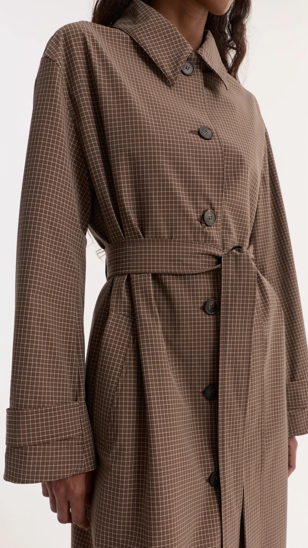 Róhe Technical Check Belted Coat in Brown Check