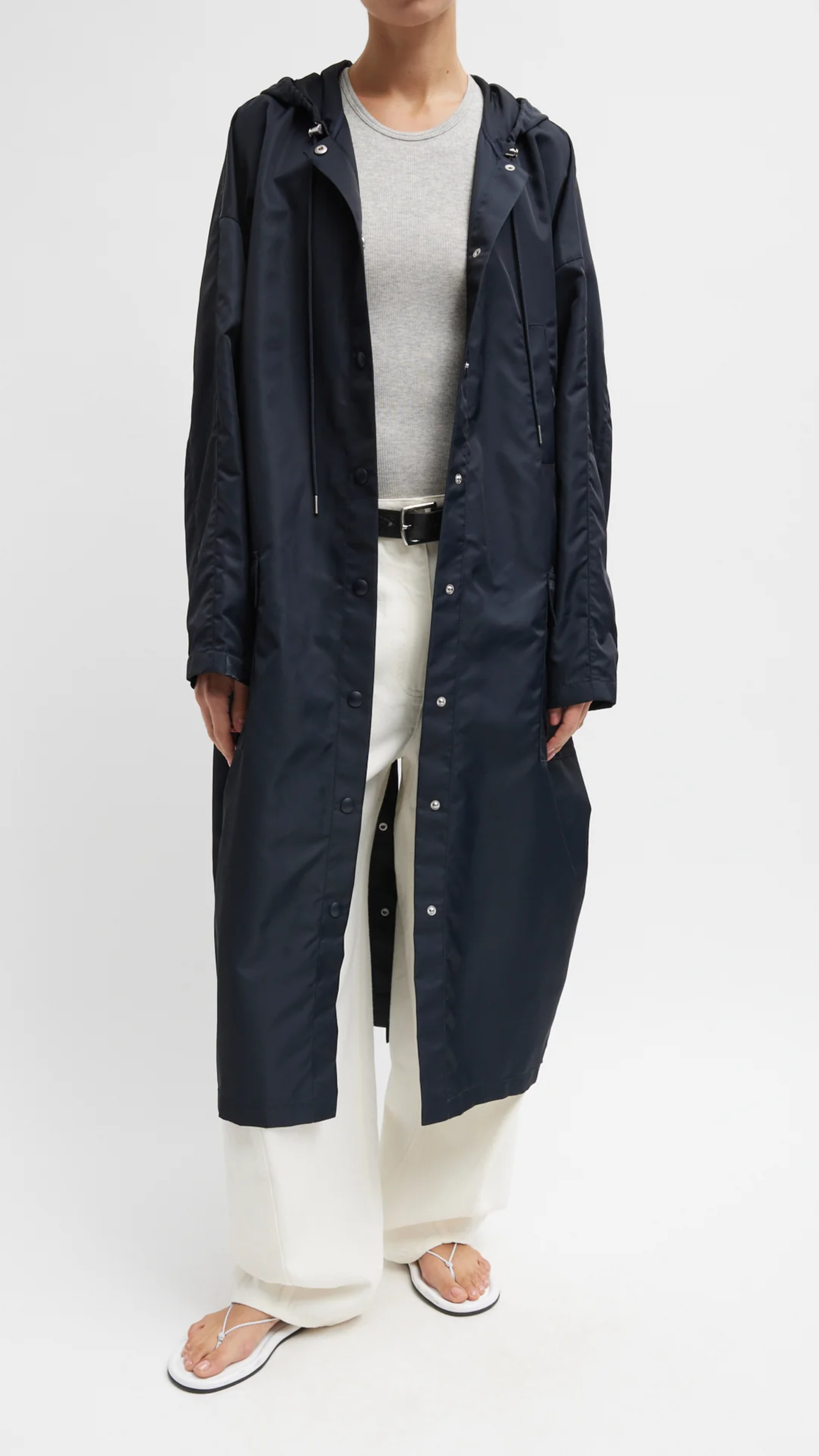 Tibi Crispy Nylon Hooded Coat in Navy