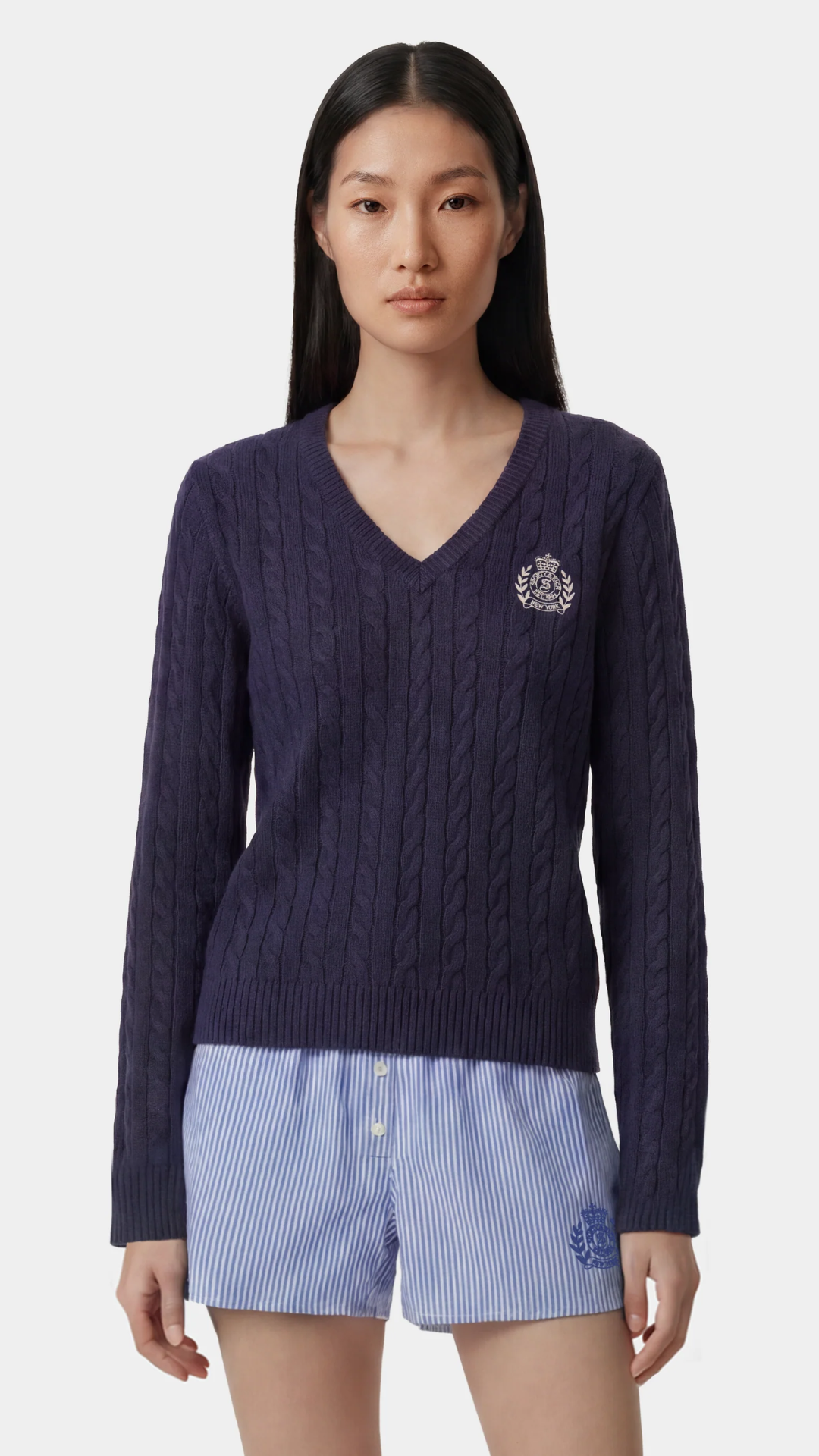 Sporty & Rich NY Crest V-Neck Cable Sweater in Light Navy/Ecru