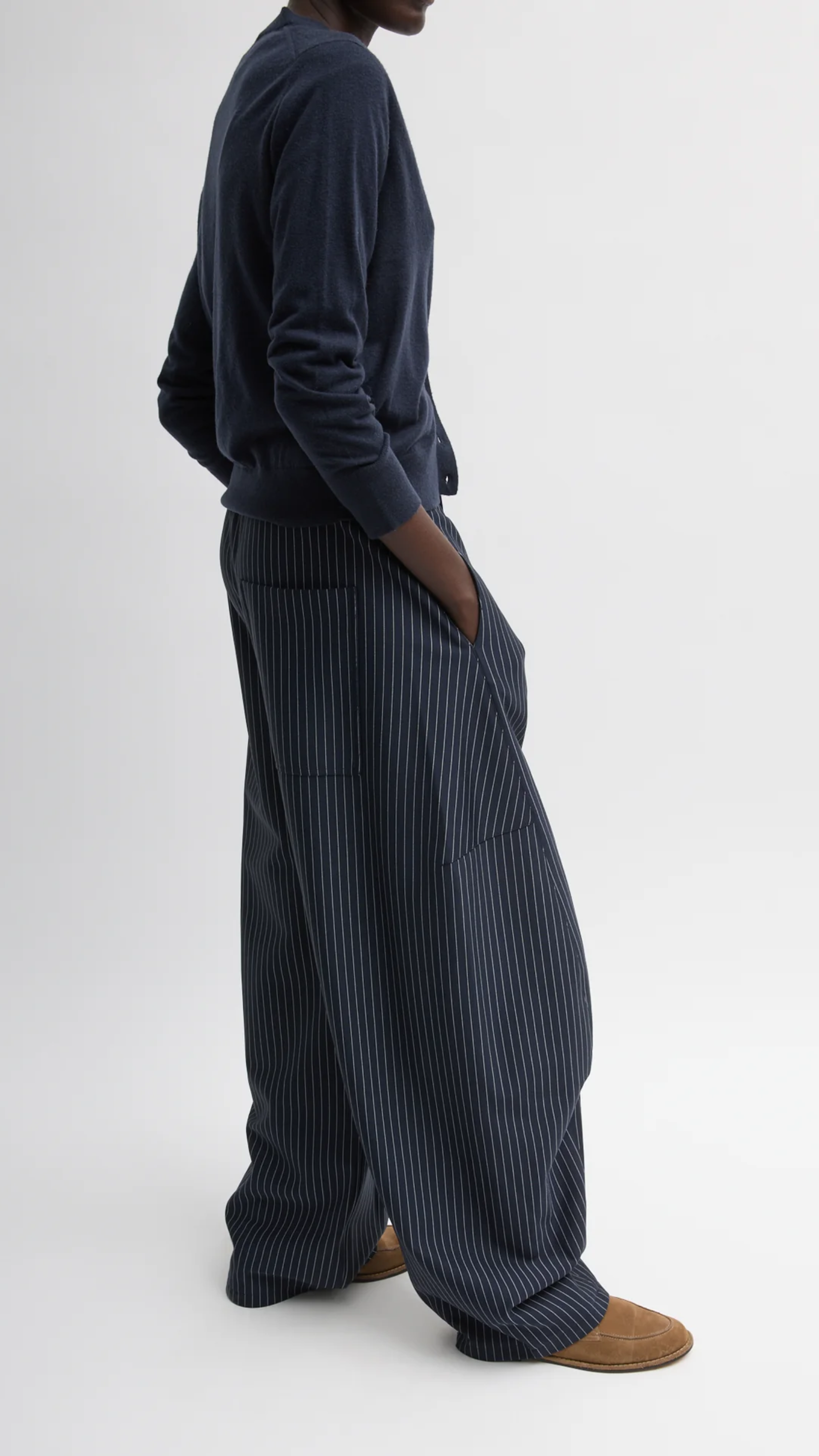 Tibi Pinstripe Active Knit Winslow Pant in Navy Multi