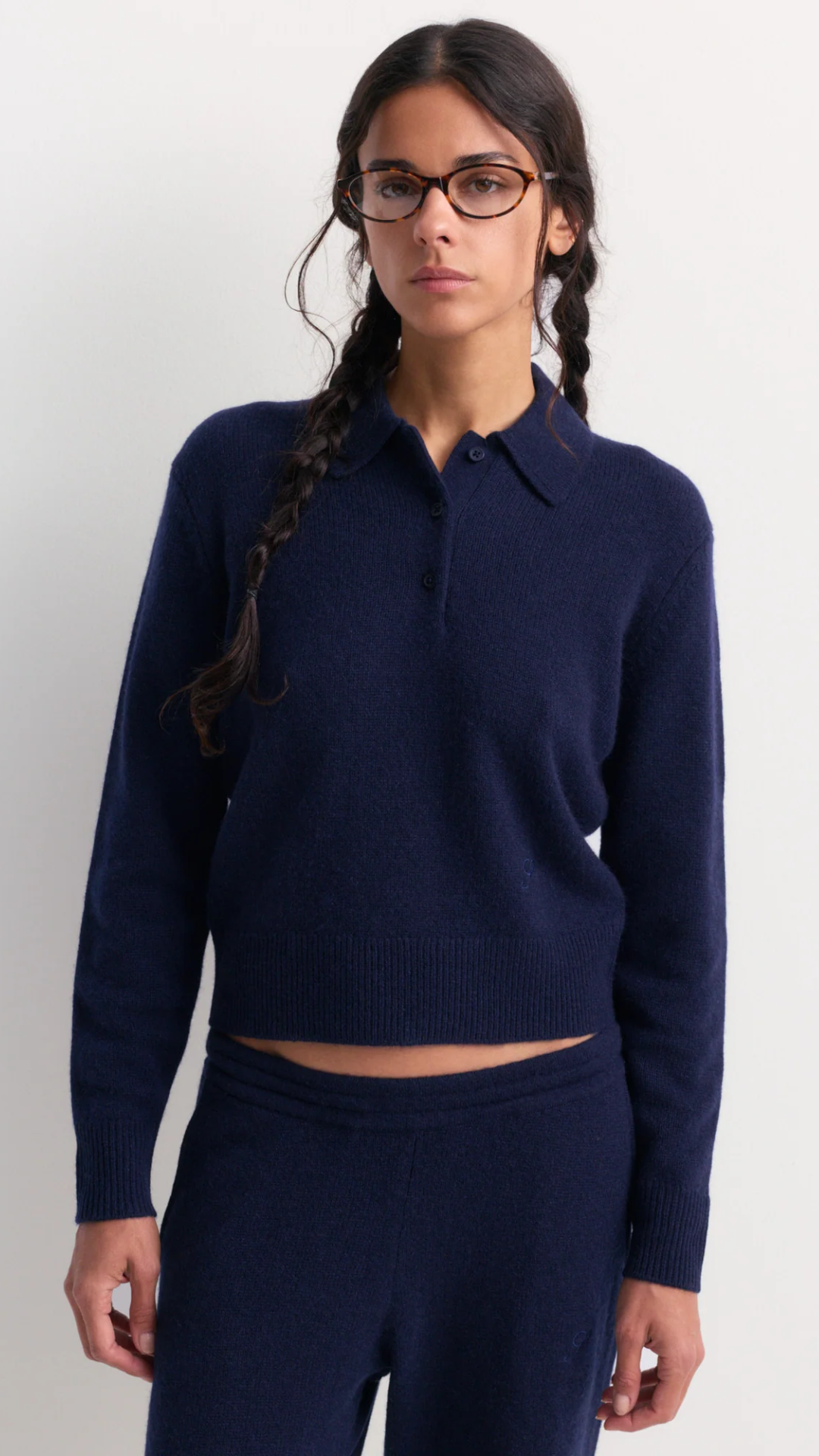 Sporty & Rich Izar S Logo Cashmere Polo in Dark Navy