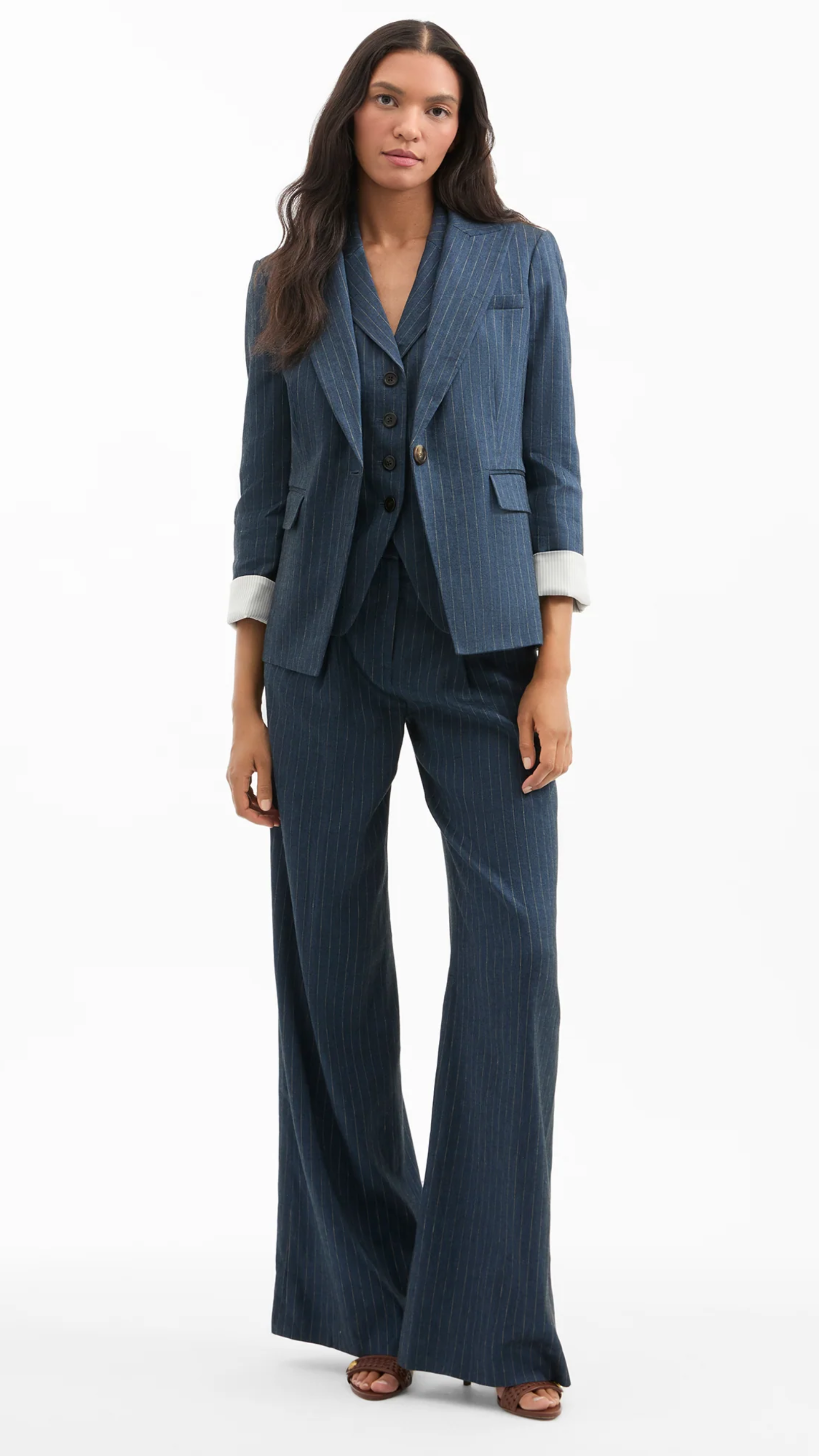 Veronica Beard Rimini Wide Leg Pinstripe Pant in Blue Dove