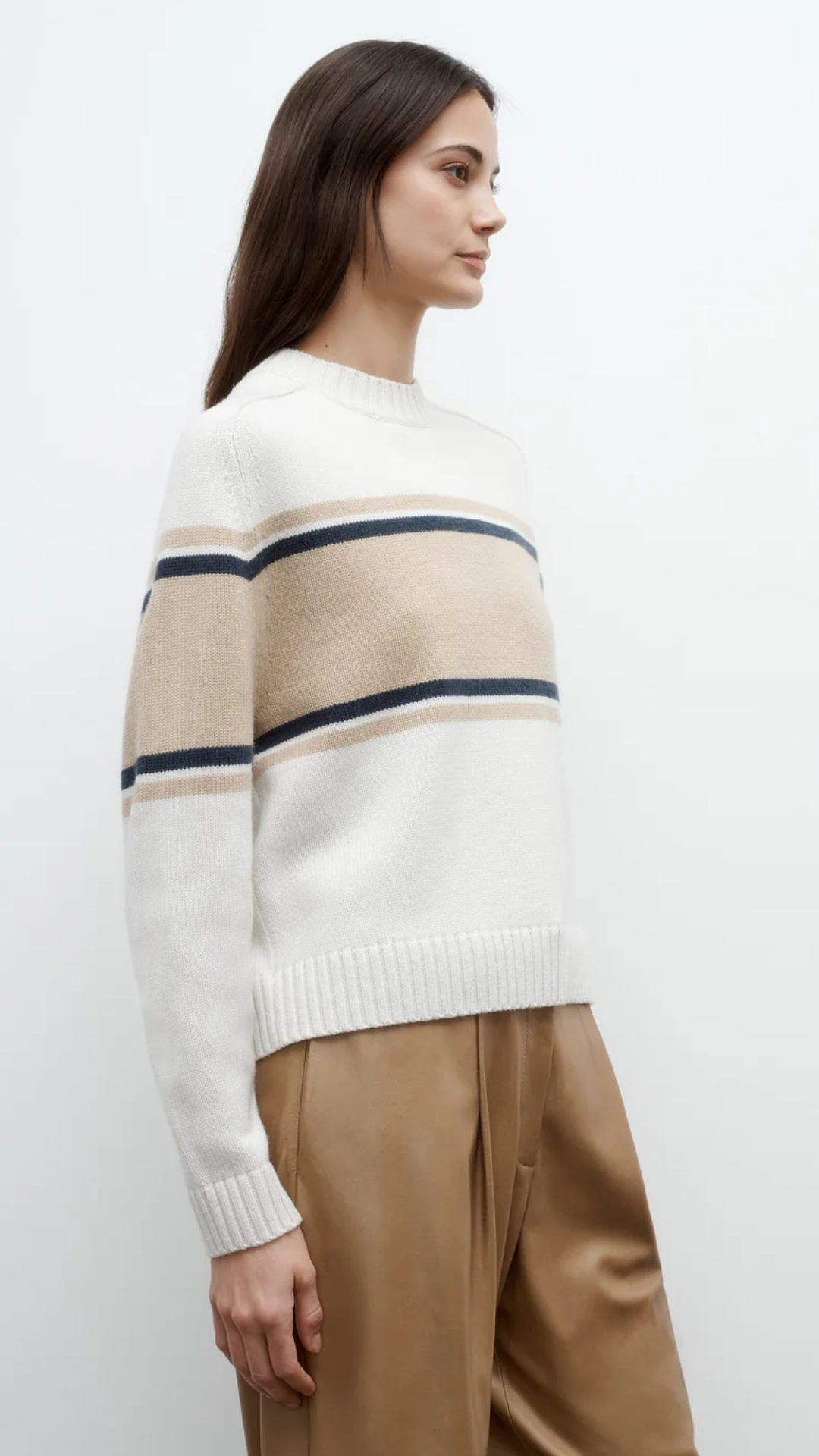 TWP Saddle Crew Neck with Stripes in Cream/Twine