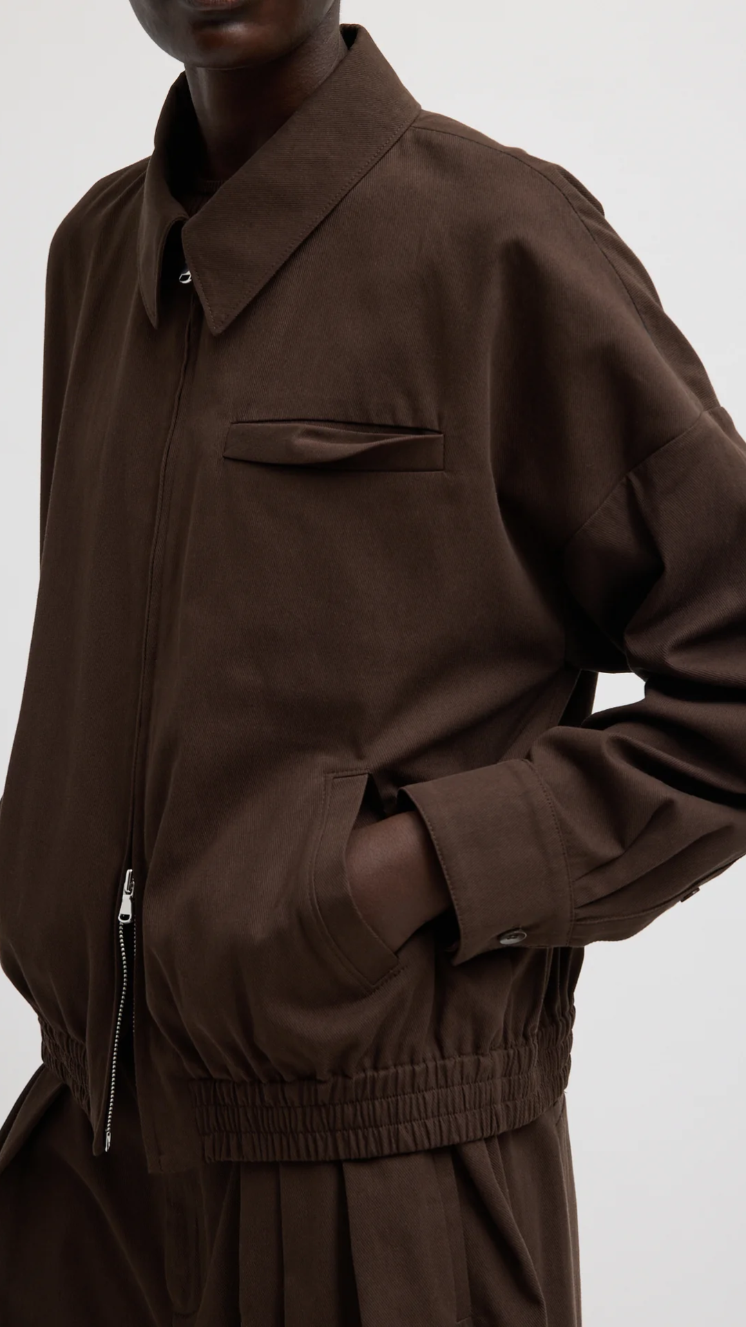 Tibi Luxe Spring Twill Bomber in Hickory Brown