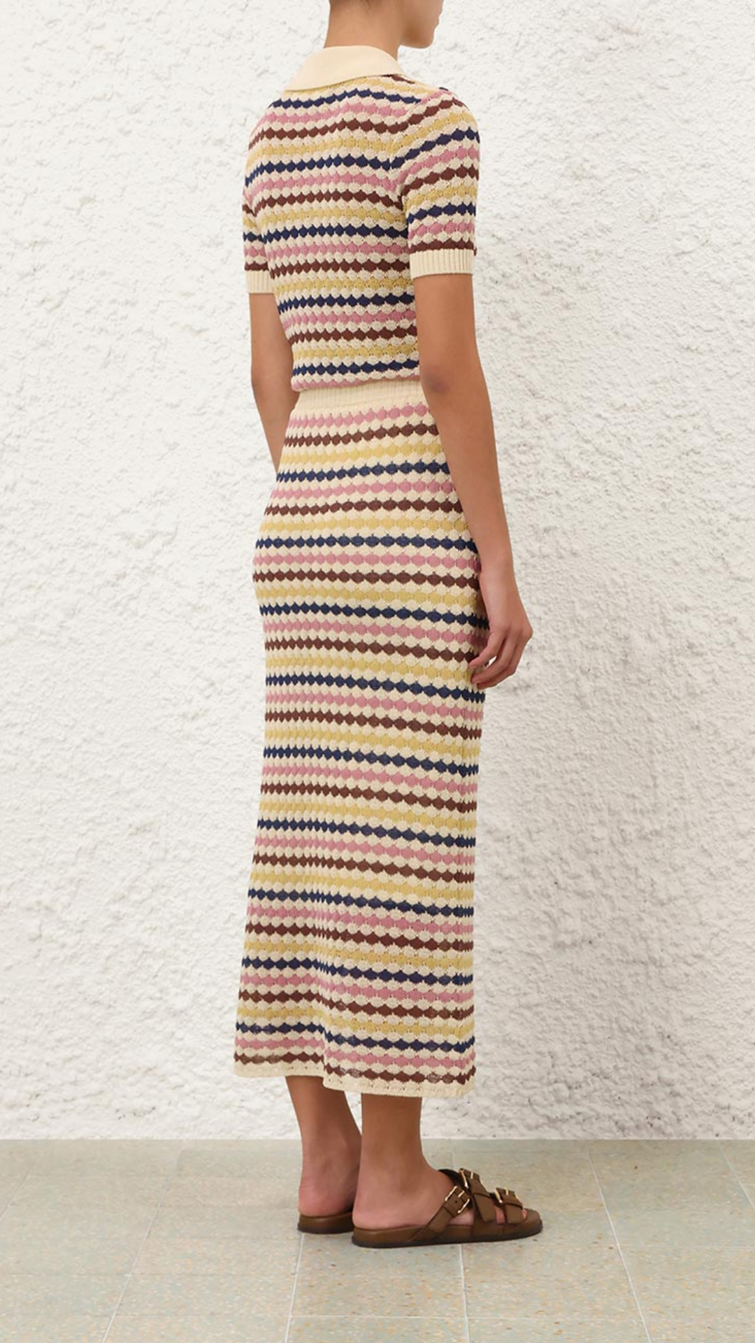 Zimmermann Awaken Scallop Knit Polo in Multi Stripe