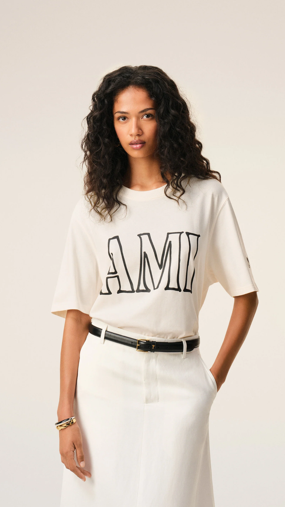 AMI Short Sleeve Cotton Ami Paris Print T-Shirt in Cream