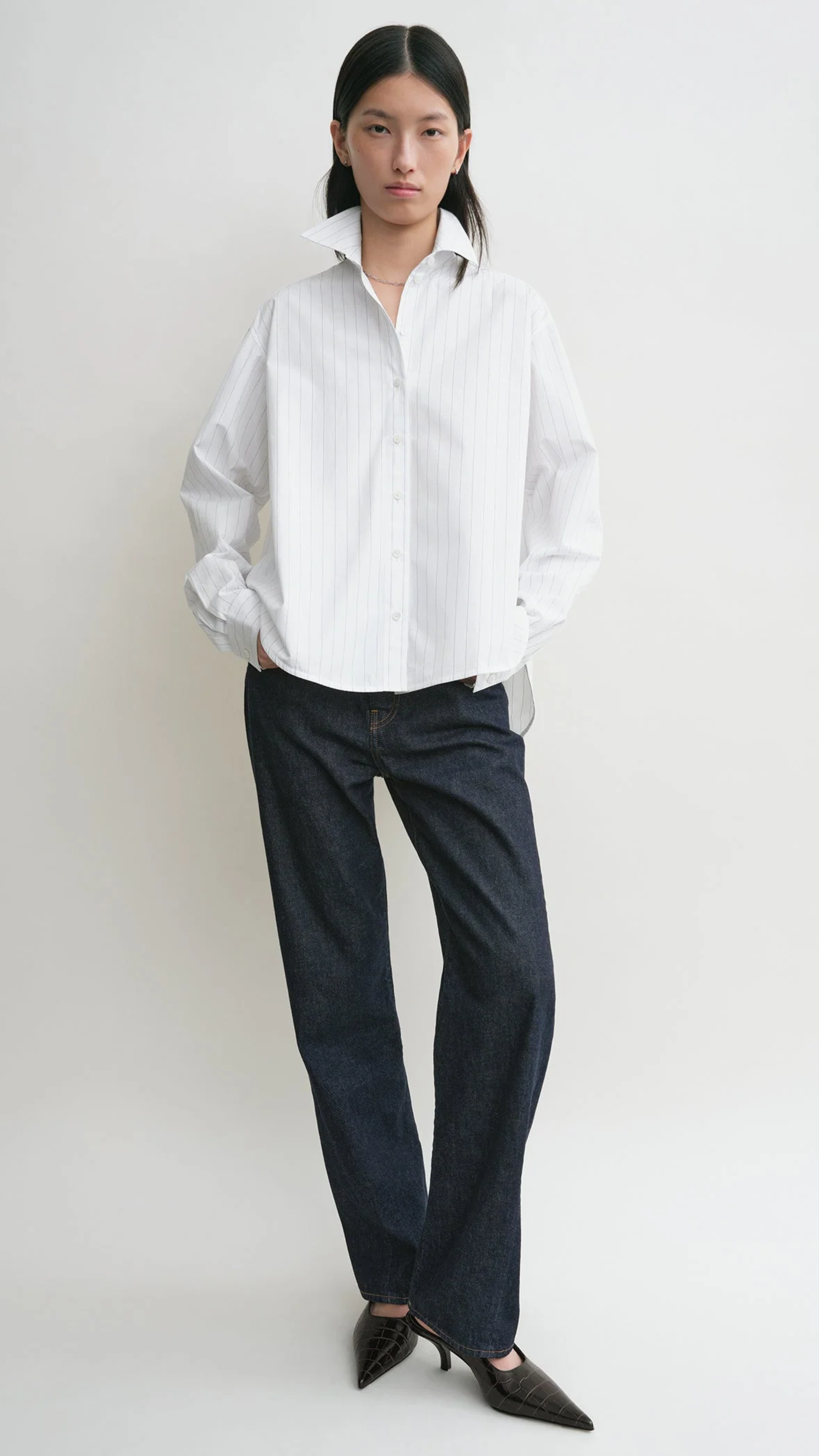 Toteme Monogram Striped Shirt in White Cobalt Pinstripe