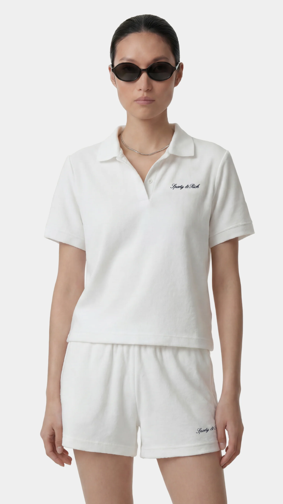 Sporty & Rich Signature Logo Terry Short in White/Light Navy