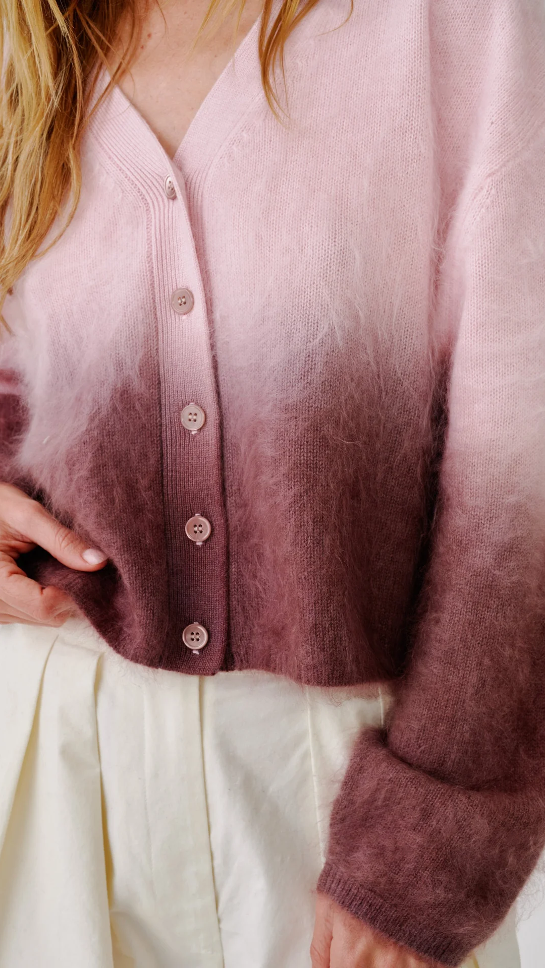 Sablyn Jolie V-Neck Cropped Ombre Cardigan in Soft Pink