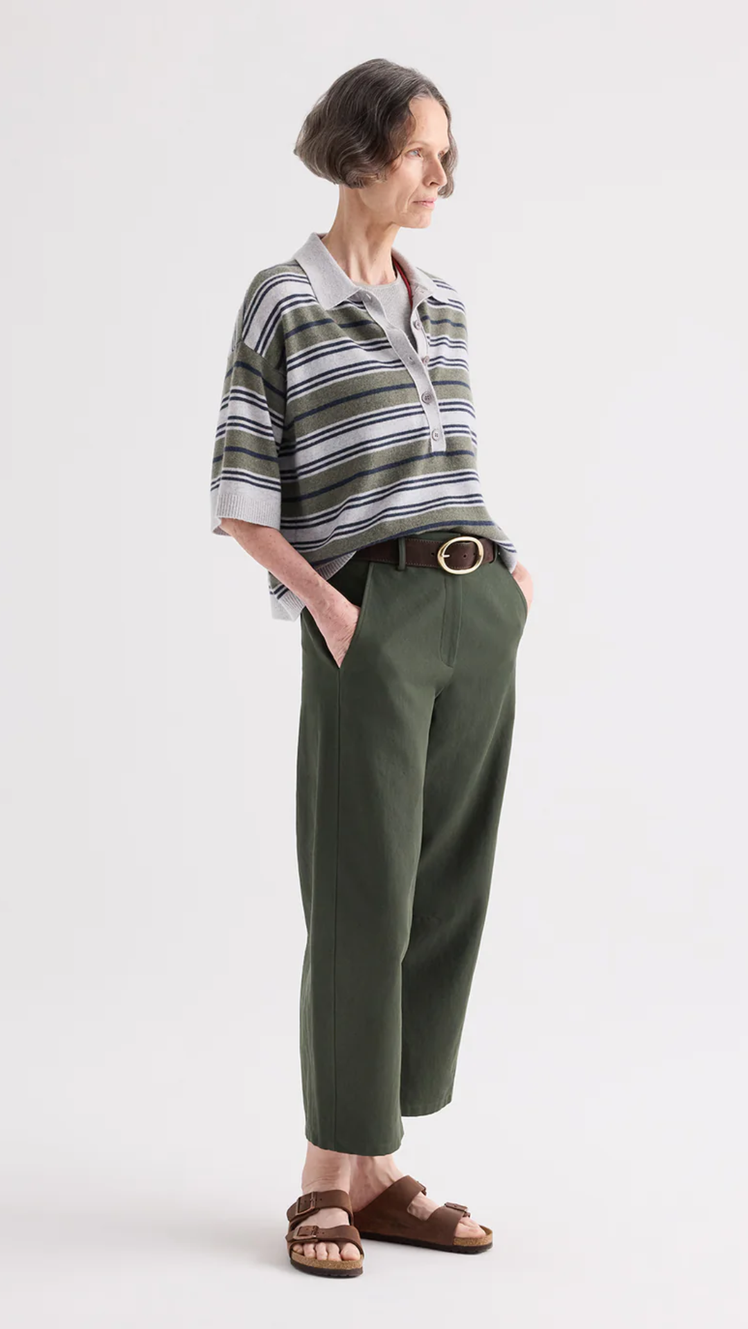 TWP Short Sleeve Polo Sweater with Stripes in Moss