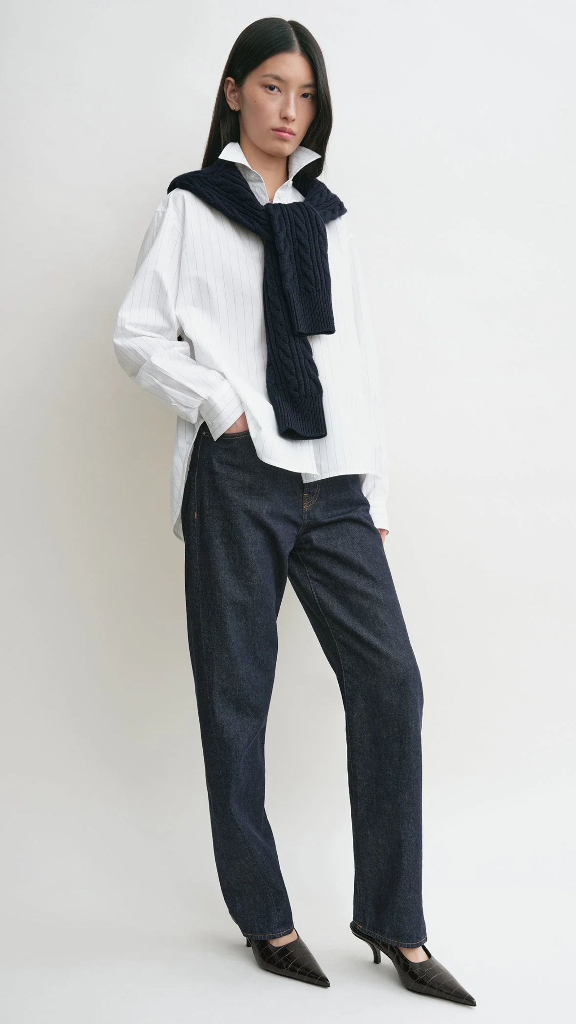 Toteme Monogram Striped Shirt in White Cobalt Pinstripe