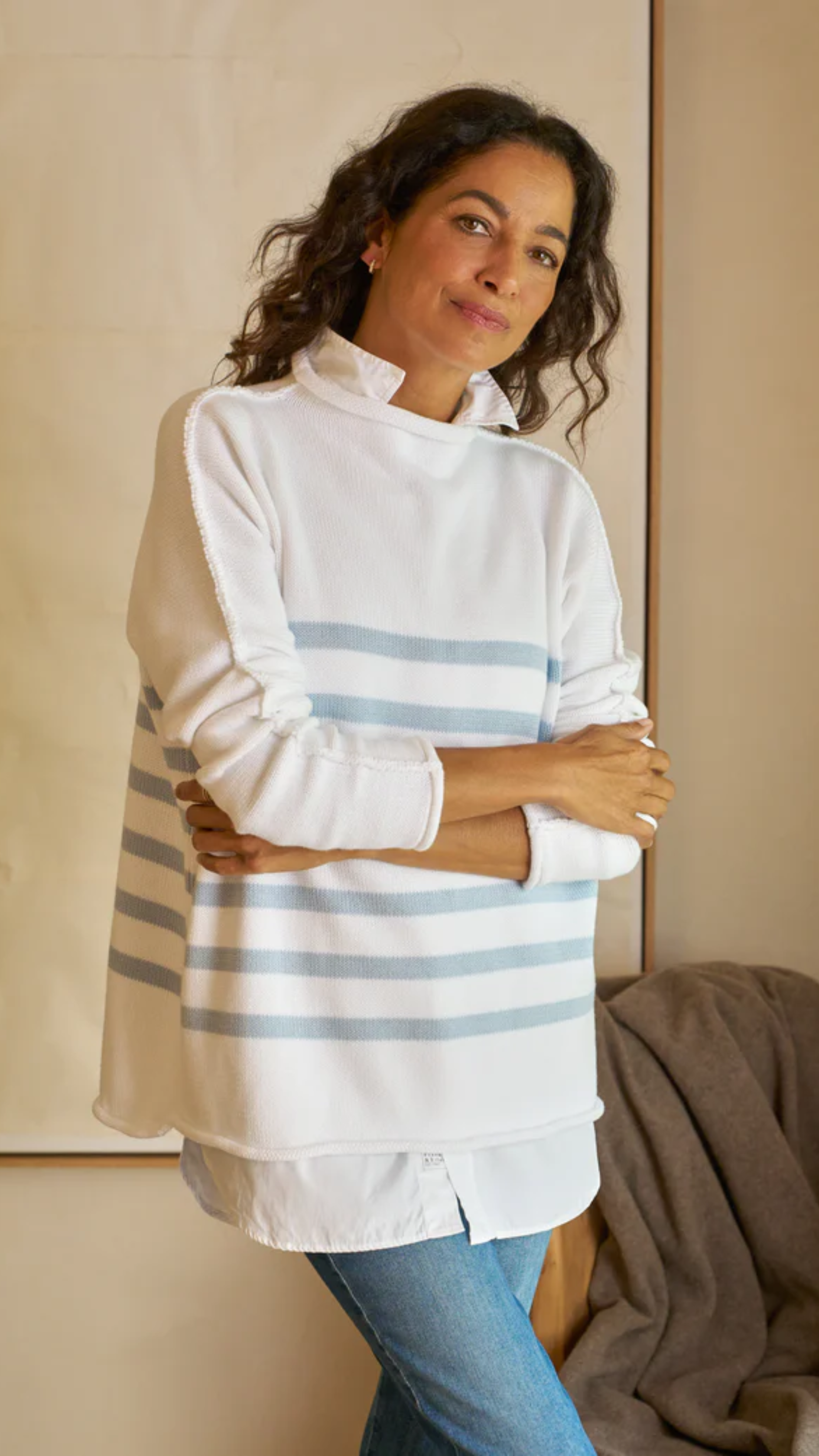 Frank & Eileen Monterey Stripe Sweater in White with Ice Stripe