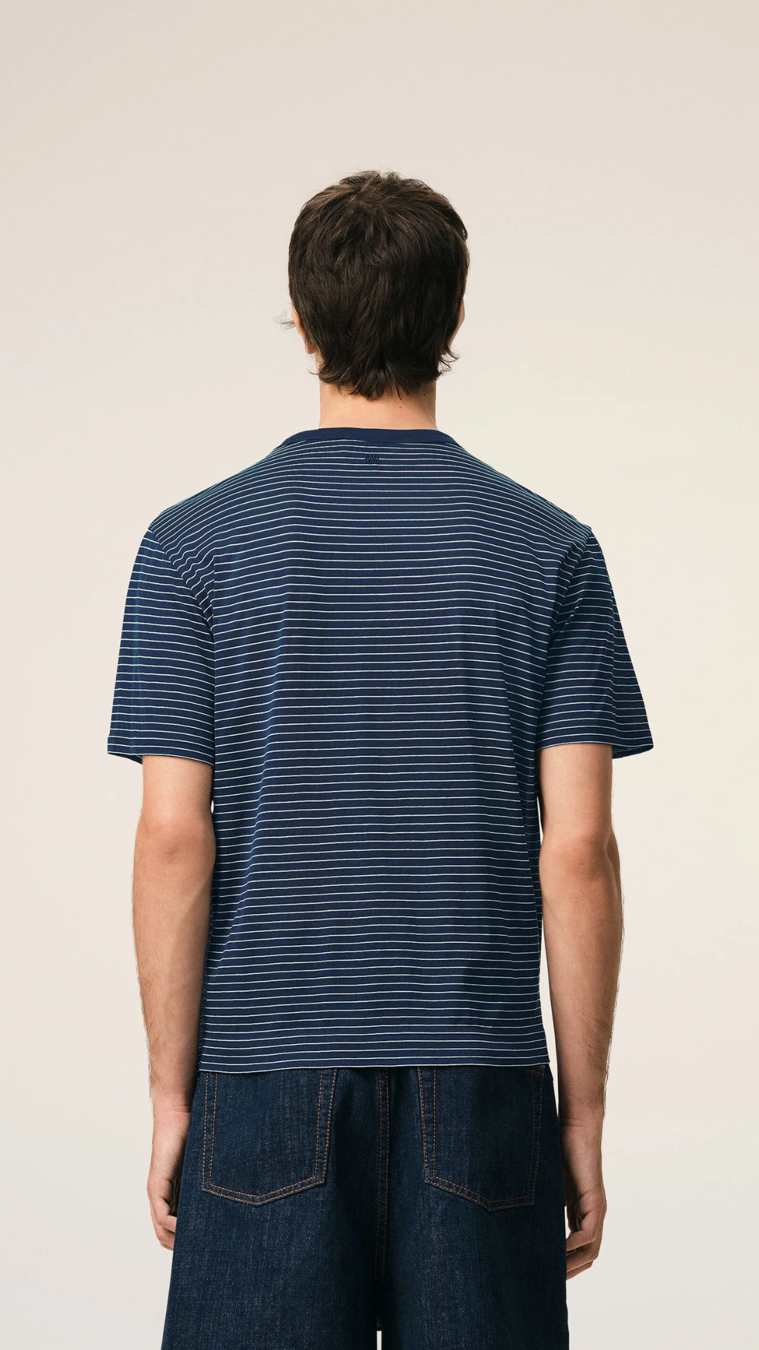 AMI Cotton Ami De Coeur T-Shirt in Navy/White Stripe