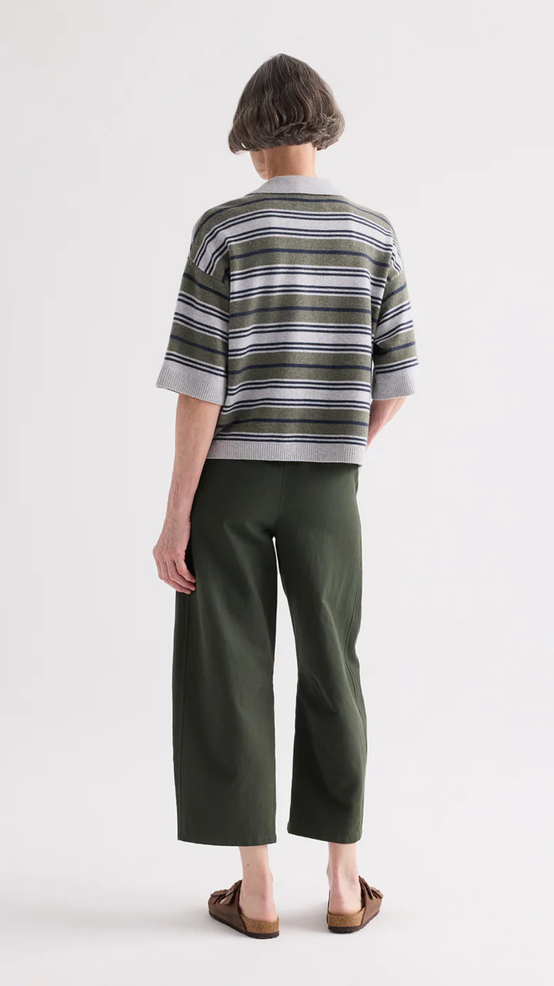 TWP Short Sleeve Polo Sweater with Stripes in Moss