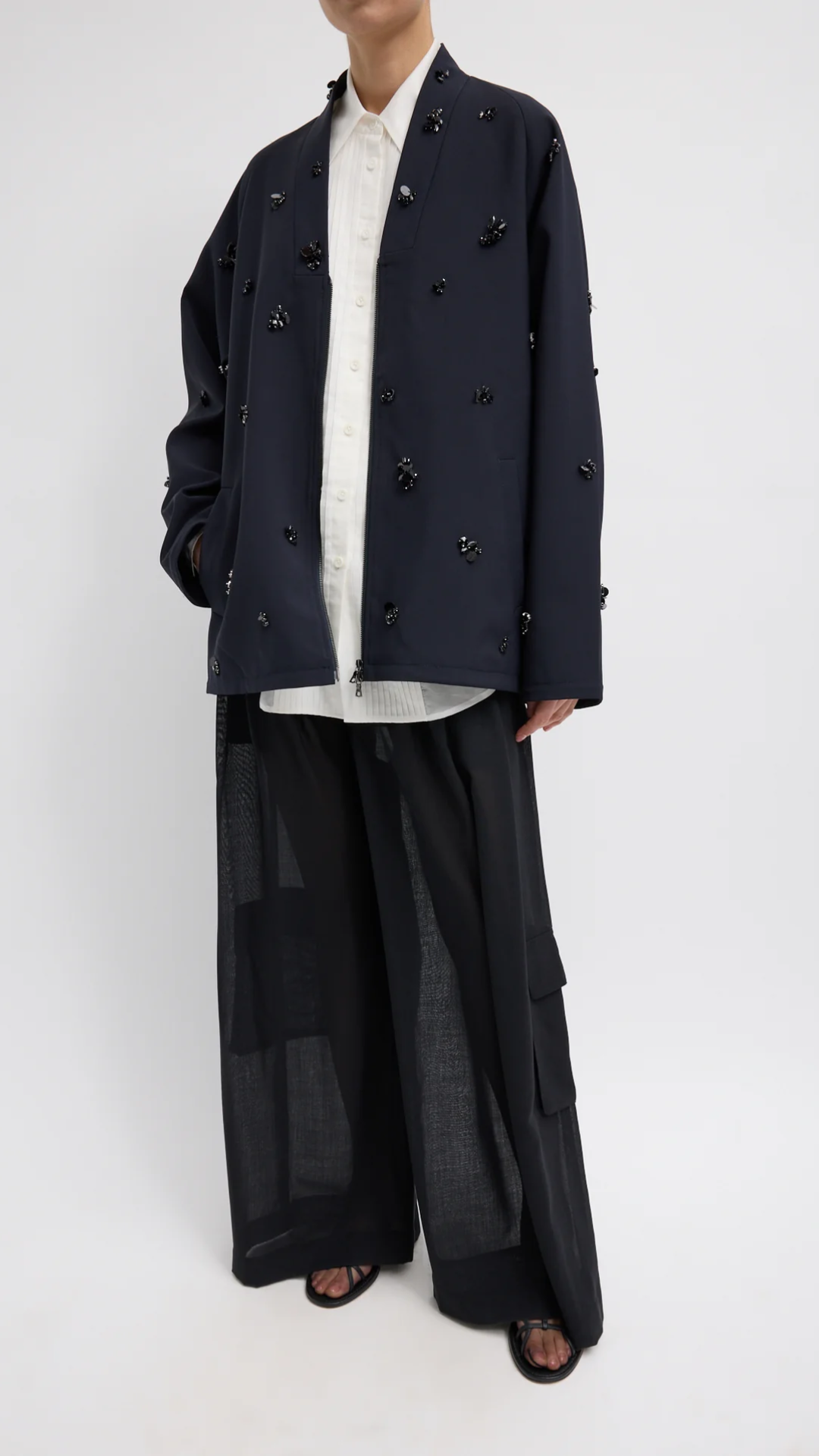 Tibi Tropical Wool Beaded Bomber in Navy